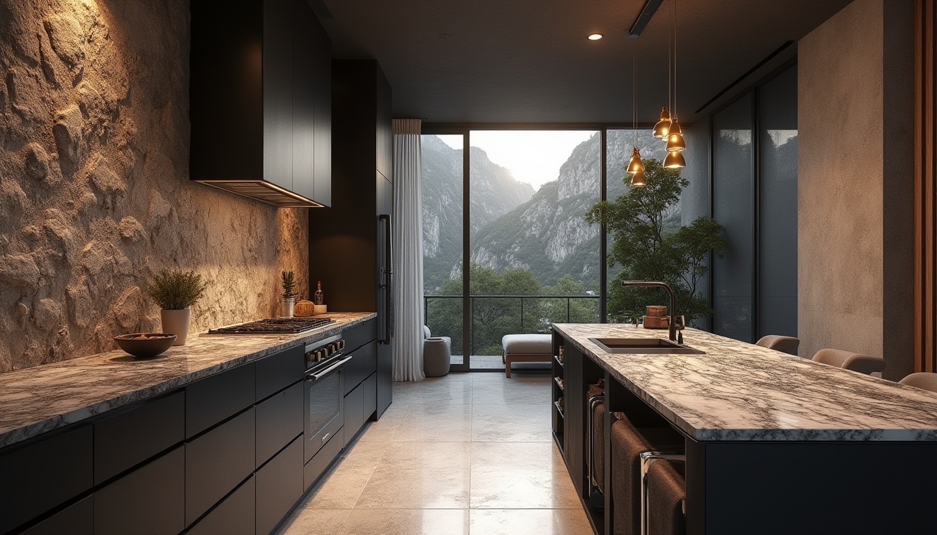 Prompt: Granite material, luxurious interior design, modern villa, sleek lines, natural texture, rough stone walls, polished granite countertops, glossy black cabinets, stainless steel appliances, ambient lighting, dramatic shadows, 3/4 composition, low-angle shot, warm tone, high-end decor, minimalist style, elegant atmosphere, Scandinavian inspiration.