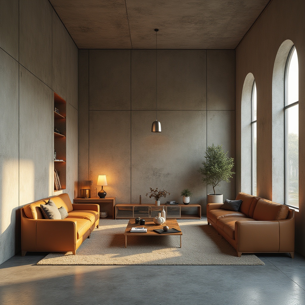 Prompt: Sand-casted materials, industrial design, modern architecture, minimalist interior, concrete walls, metallic accents, glass tables, leather sofas, floor lamps, abstract sculptures, natural lighting, 3/4 composition, shallow depth of field, cinematic mood, realistic textures, warm ambient light.