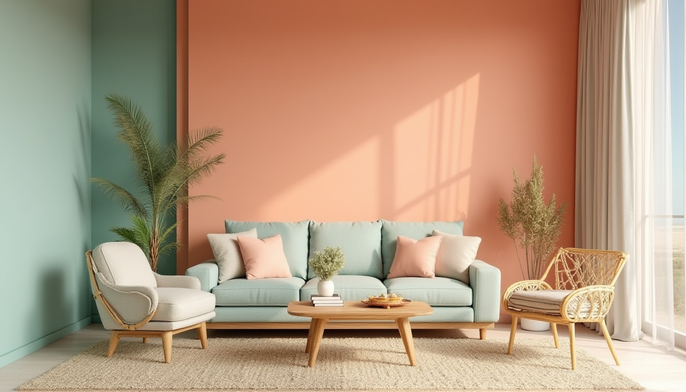 Prompt: Beach modernism, tangerine accent wall, pastel turquoise furniture, creamy white sand, coral pink decorative accents, driftwood coffee table, jute rug, woven sea grass armchair, linen curtains, natural textiles, ocean breeze, warm sunlight, soft focus, shallow depth of field, horizontal composition, serene atmosphere, summer vibes.