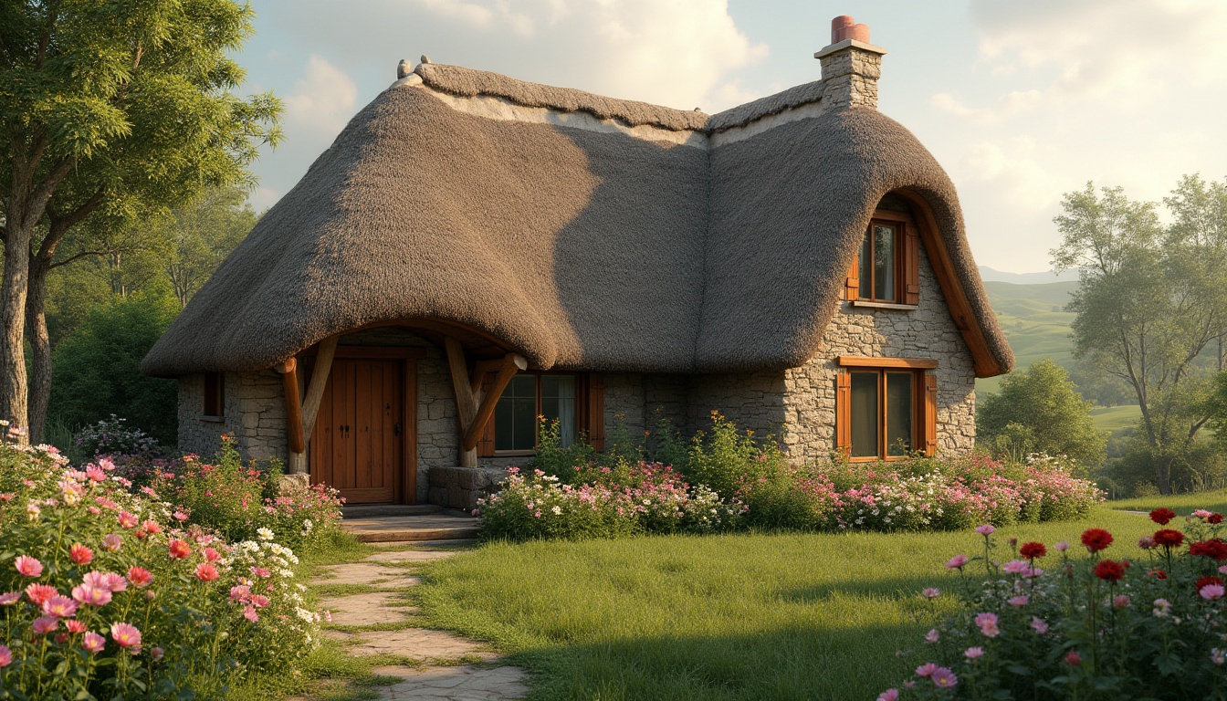 Prompt: Thatched roof cottage, modern rustic design, natural material, earthy tone, wooden door, large windows, flower-filled garden, greenery surroundings, warm afternoon sunlight, soft focus, cozy atmosphere, natural texture, organic shape, country house, rural landscape, rolling hills, wildflowers blooming.