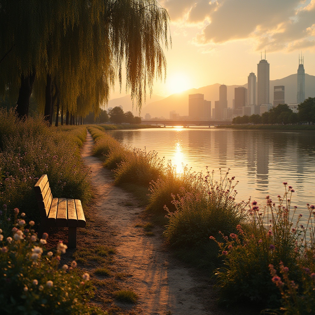 Prompt: Riverbank, copper material, metallic texture, rustic tone, modern design, urban landscape, city skyline, sunset time, warm golden light, calm water reflection, weeping willows, blooming wildflowers, narrow dirt path, old wooden bench, distant mountains, serene backdrop, soft ripples on water surface, ambient lighting, cinematic composition, panoramic view.