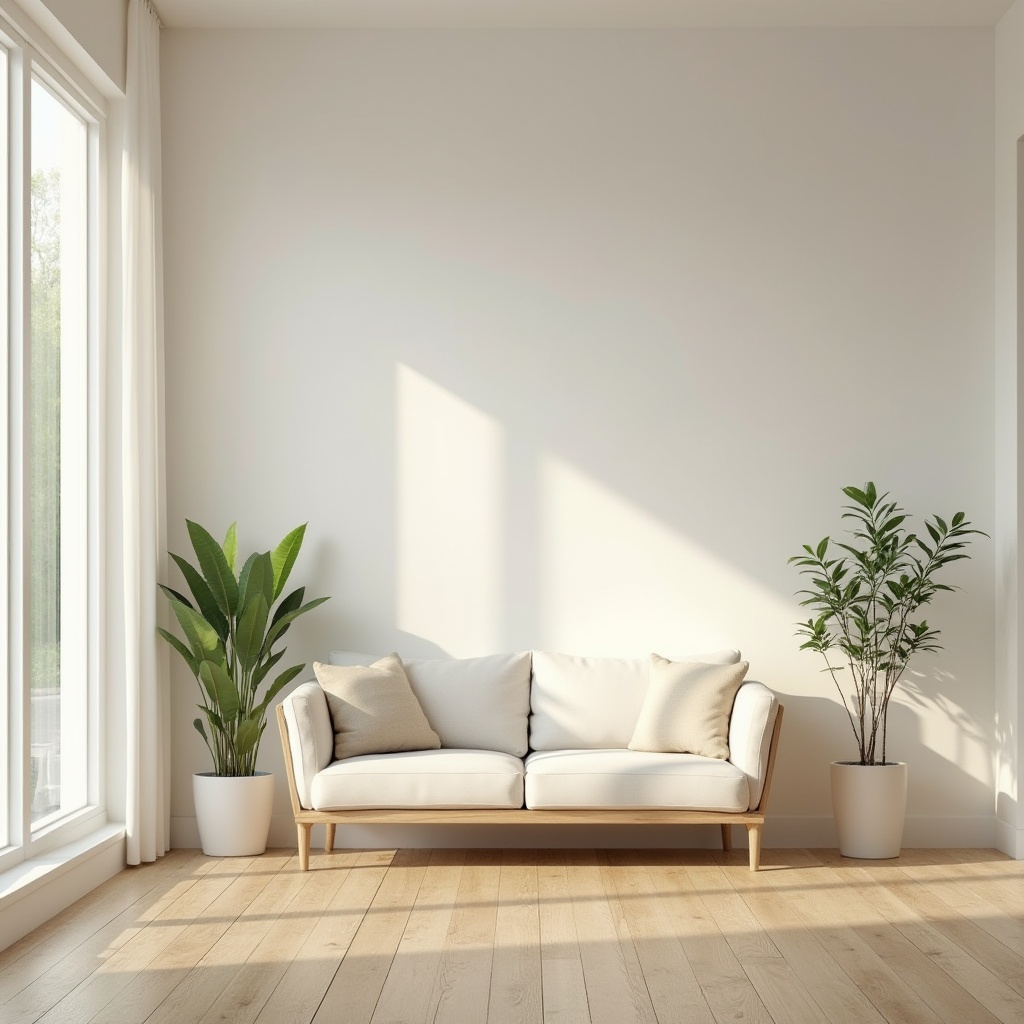 Prompt: Simple living room, minimalist interior, white walls, wooden floor, few furniture, low-key lighting, single couch, plain throw pillows, small potted plants, floor-to-ceiling windows, natural light pouring in, calm atmosphere, subtle shadows, warm beige tones, soft focus, cinematic composition, 3/4 view, afternoon sunlight, gentle highlights.