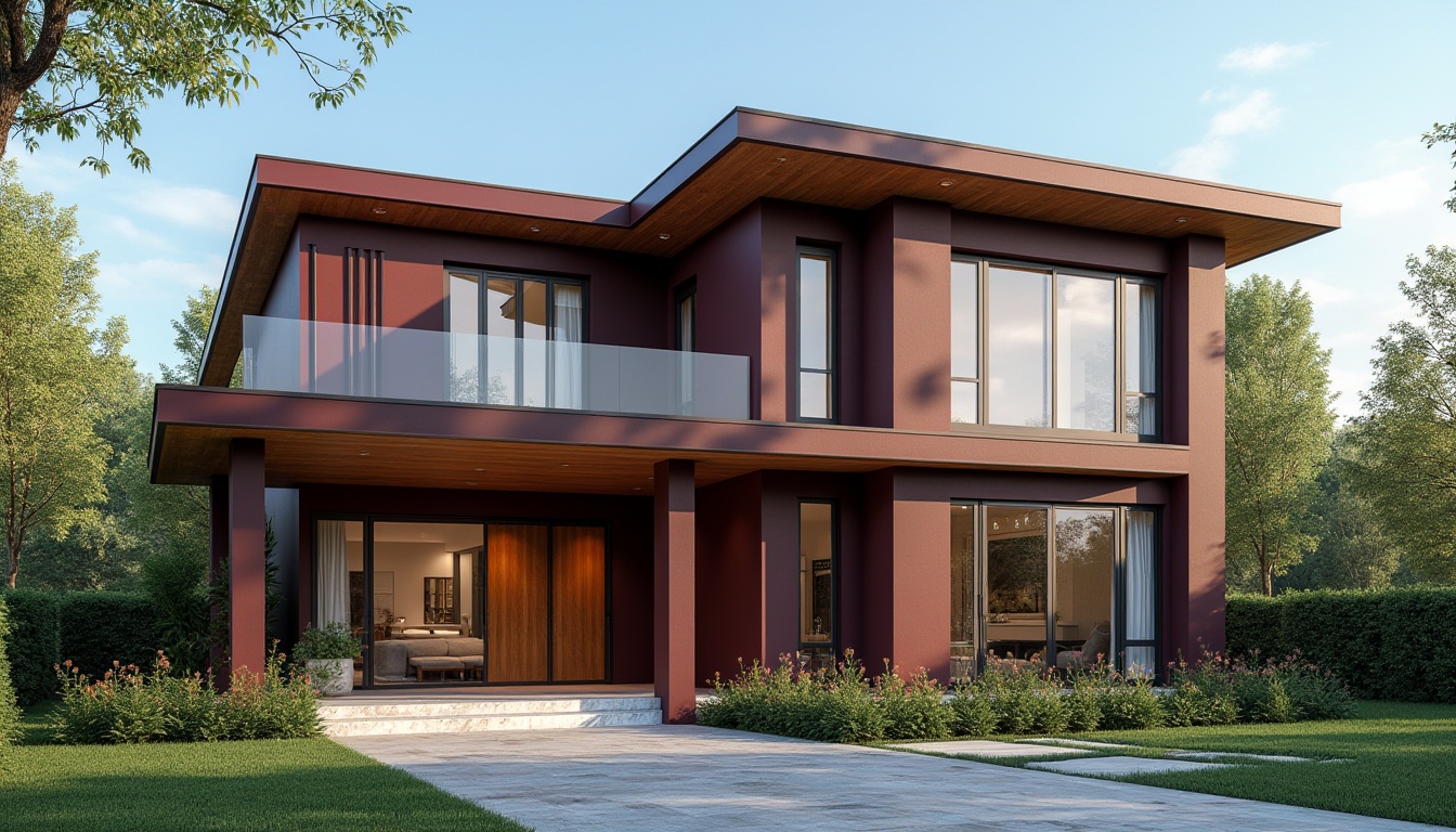 Prompt: maroon color, bold choice, housing exterior, modern villa, residential area, suburban neighborhood, sloping roof, large windows, sliding glass doors, wooden door, marble entrance, lush greenery, flower beds, trees surrounding, sunny day, clear blue sky, 3/4 composition, soft natural lighting, warm ambient atmosphere.