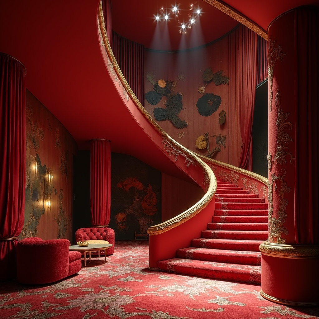 Prompt: Theater-inspired residence, dramatic curved lines, bold vibrant colors, abstract geometric shapes, luxurious velvet curtains, ornate gold accents, grand staircase, spotlight illumination, mysterious shadows, avant-garde furniture, experimental textures, provocative patterns, bold artistic statements, abstract sculptures, eclectic decor, opulent materials, intimate atmospheric lighting, cinematic composition, low-angle shot, 3/4 view, warm color palette.