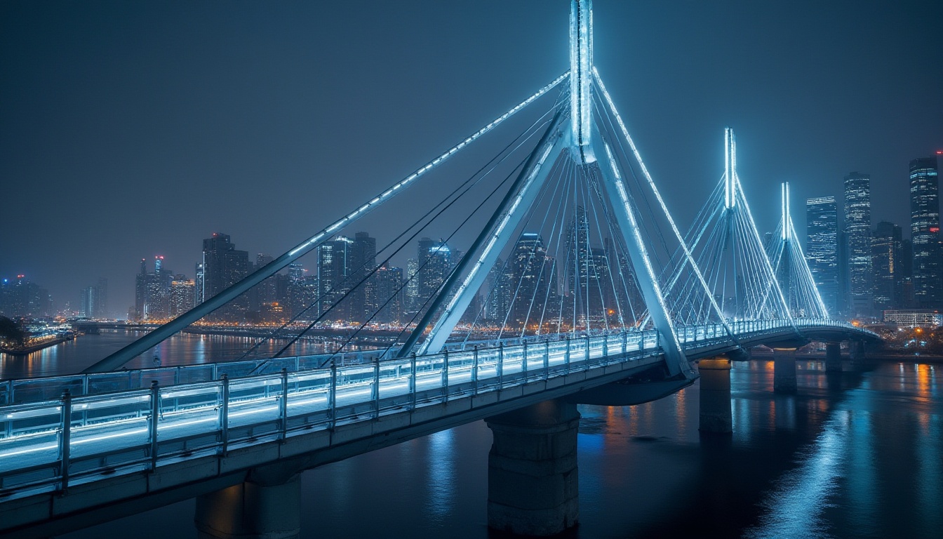 Prompt: International style bridge, modern minimalist design, sleek lines, silver metal beams, glass railings, LED light strips, nighttime, urban landscape, cityscape, skyscrapers in background, river flowing underneath, calm water reflection, misty atmosphere, soft box lighting, low-angle shot, dramatic composition, futuristic ambiance.