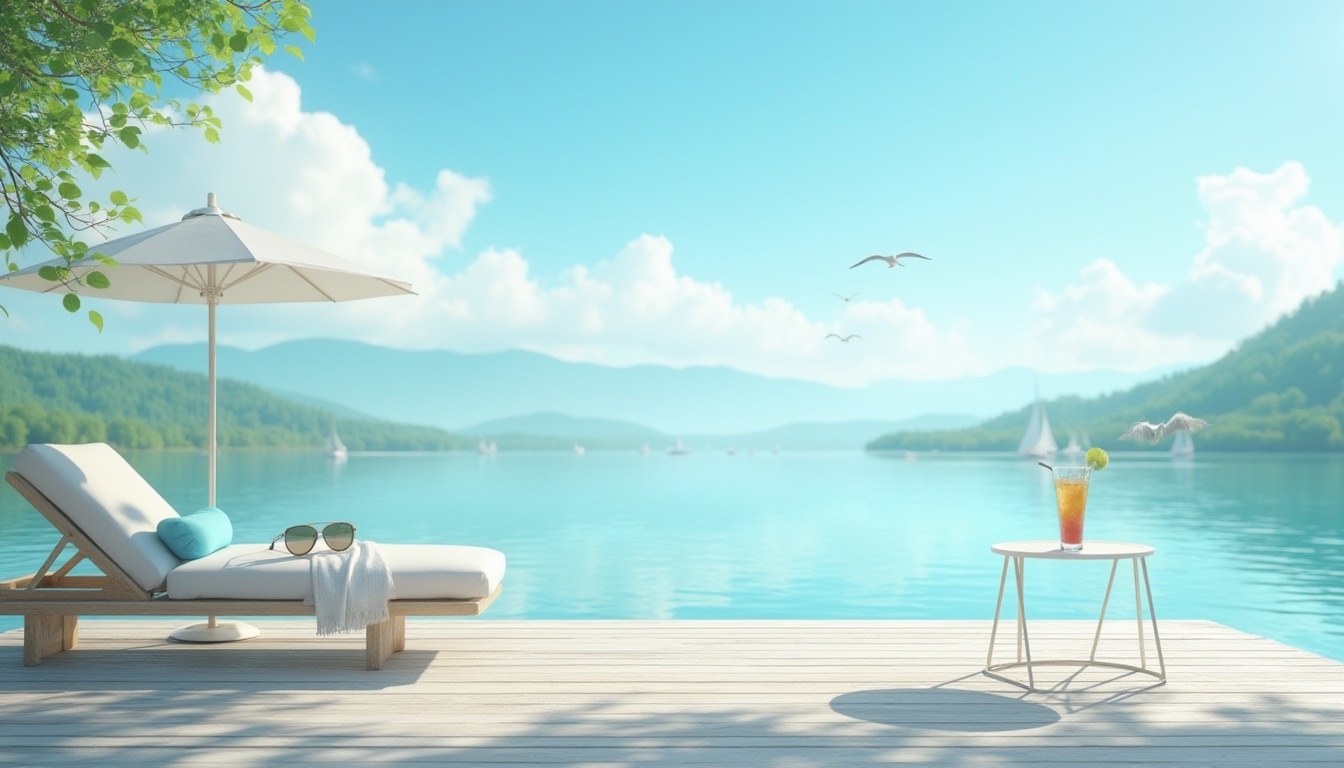 Prompt: Soft pastel light blue color, calming atmosphere, serene landscape, gentle hills, fluffy white clouds, clear sky, sunny day, warm breeze, a peaceful lake in the distance, a few sailboats drifting slowly, a lone seagull flying overhead, a wooden dock jutting out into the water, a comfortable lounge chair sitting on the dock, a pair of sunglasses lying on the chair, a refreshing cocktail with an umbrella on a nearby table, soft focus, warm lighting, 3/4 composition.