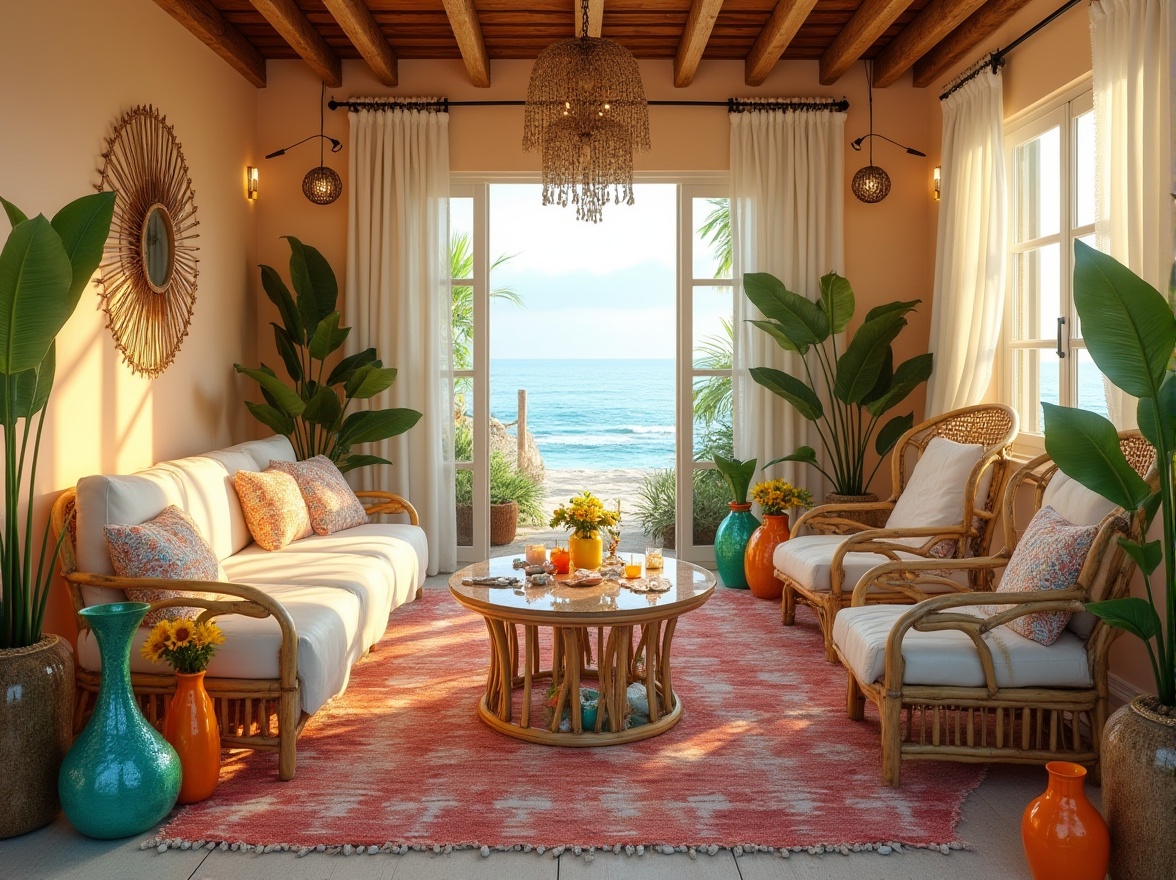 Prompt: Beach eclectic style, colorful glass decor, bohemian chic, tropical villa, seaside retreat, warm sunset lighting, pastel colored walls, driftwood furniture, woven rattan chairs, vibrant turquoise glass vases, amber glass lanterns, rainbow hued glass beads, flowing white curtains, potted palm trees, exotic floral arrangements, shells and starfish ornaments, sandy floor, distressed wood accents, natural textiles, laid-back atmosphere, 3/4 composition, soft focus, warm color palette.