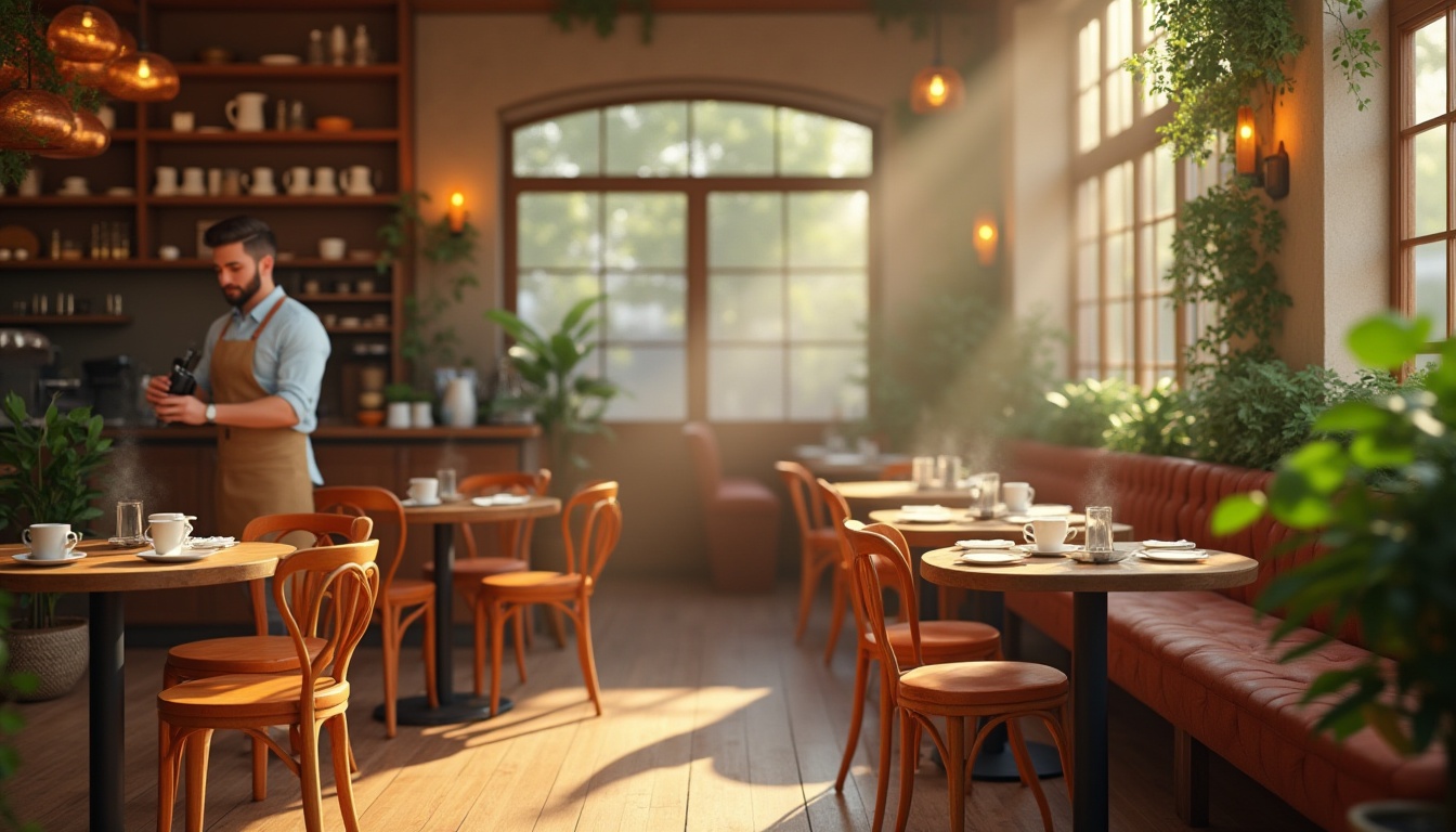 Prompt: Coffee shop interior, warm atmosphere, coffee color palette, earthy tones, wooden tables, comfy chairs, plants with green leaves, soft natural lighting, afternoon sunbeams, gentle shadows, aromatic coffee scent, steam rising from cups, barista in apron, pouring coffee, ceramic cups, saucers, spoons, napkins, warm beige walls, rustic wooden floors, decorative coffee-themed decorations, functional layout, cozy nooks, inviting ambiance, relaxing atmosphere.