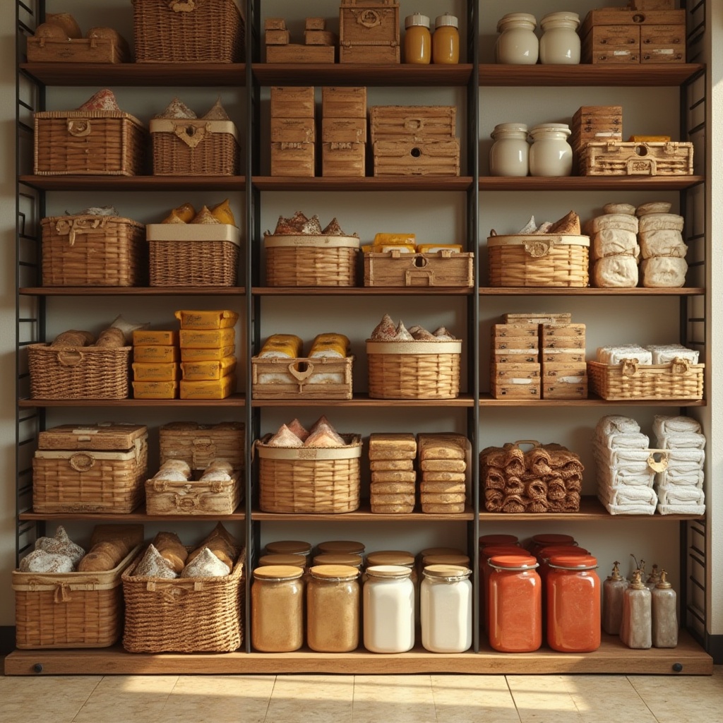 Prompt: Brown, beige, creamy white, rich chocolate, golden yellow, earthy red, vibrant orange, modern industrial shelves, neatly arranged products, baskets with handles, wooden crates, metal racks, softbox packaging, matte finish, glossy accents, warm lighting, 3/4 composition, shallow depth of field, realistic rendering.