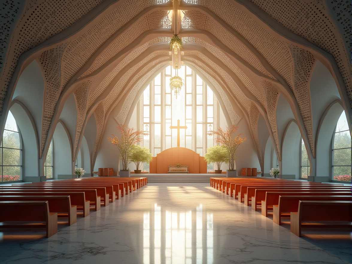 Prompt: Modern church interior, perforated metal ceiling, geometric pattern, natural light filtering through holes, subtle shadows, elegant chandeliers, polished marble floor, minimalist benches, stained glass windows, vibrant colors, serene atmosphere, afternoon sun, soft focus, shallow depth of field, architectural photography, symmetrical composition, vertical angle.