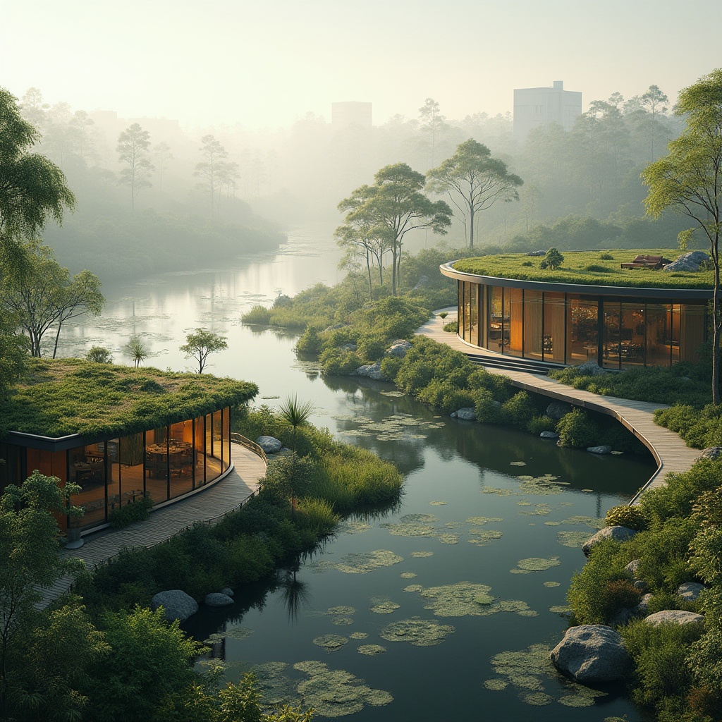 Prompt: Eco-friendly wetland architecture, modern sustainable design, green roof, solar panels, recycling facilities, natural ventilation, rainwater harvesting system, organic gardens, bamboo structure, reclaimed wood accents, energy-efficient windows, living walls, native plant species, winding boardwalks, serene lake views, misty morning atmosphere, soft natural lighting, panoramic view, 3/4 composition, cinematic mood.