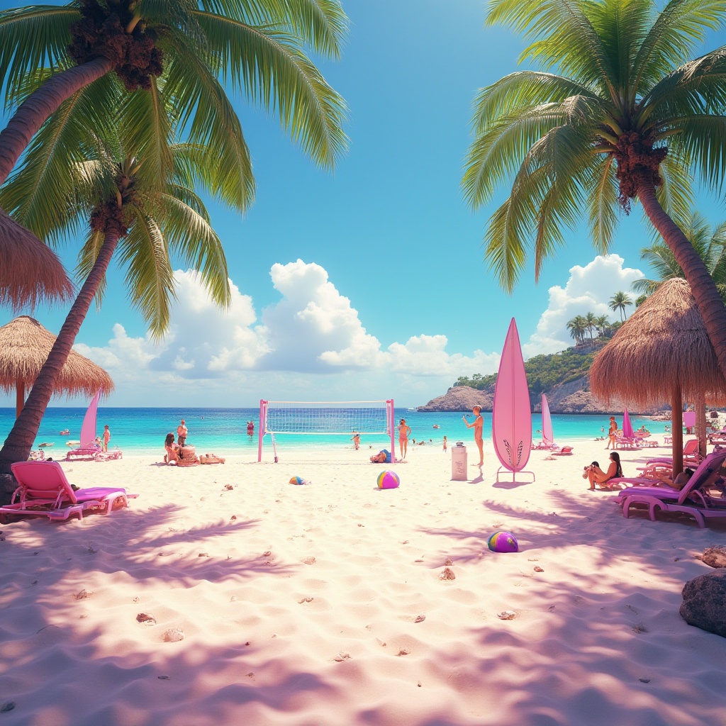 Prompt: Beach design, heliotrope color scheme, vibrant pinkish-purple hue, warm sunny day, tropical atmosphere, palm trees swaying gently, clear turquoise water, soft white sandy beach, seashells scattered, driftwood, colorful beach balls, lifeguard towers, surfboards, sailboats, beach volleyball net, people relaxing, sunbathing, playing, laughing, having fun, bright sunlight, shallow depth of field, warm ambient lighting, cinematic composition.