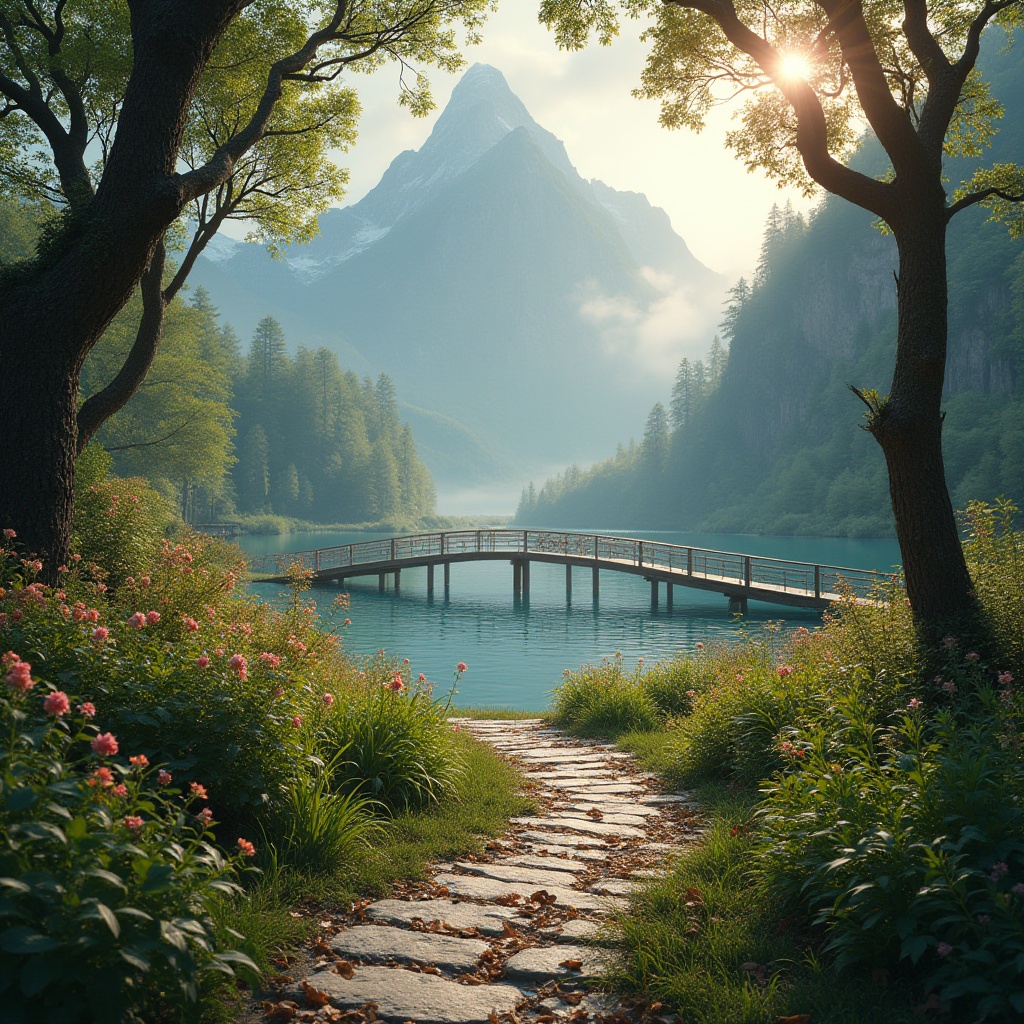 Prompt: Natural scenery, mountain peak, misty atmosphere, morning sunlight, dew-kissed flowers, lush greenery, winding stone path, wooden bridge, serene lake, ripples on water surface, surrounding trees with intricate branches, vines crawling up trunks, fallen leaves, earthy tones, soft diffused light, warm colors, organic shapes, natural textures, blended boundaries, harmonious composition.