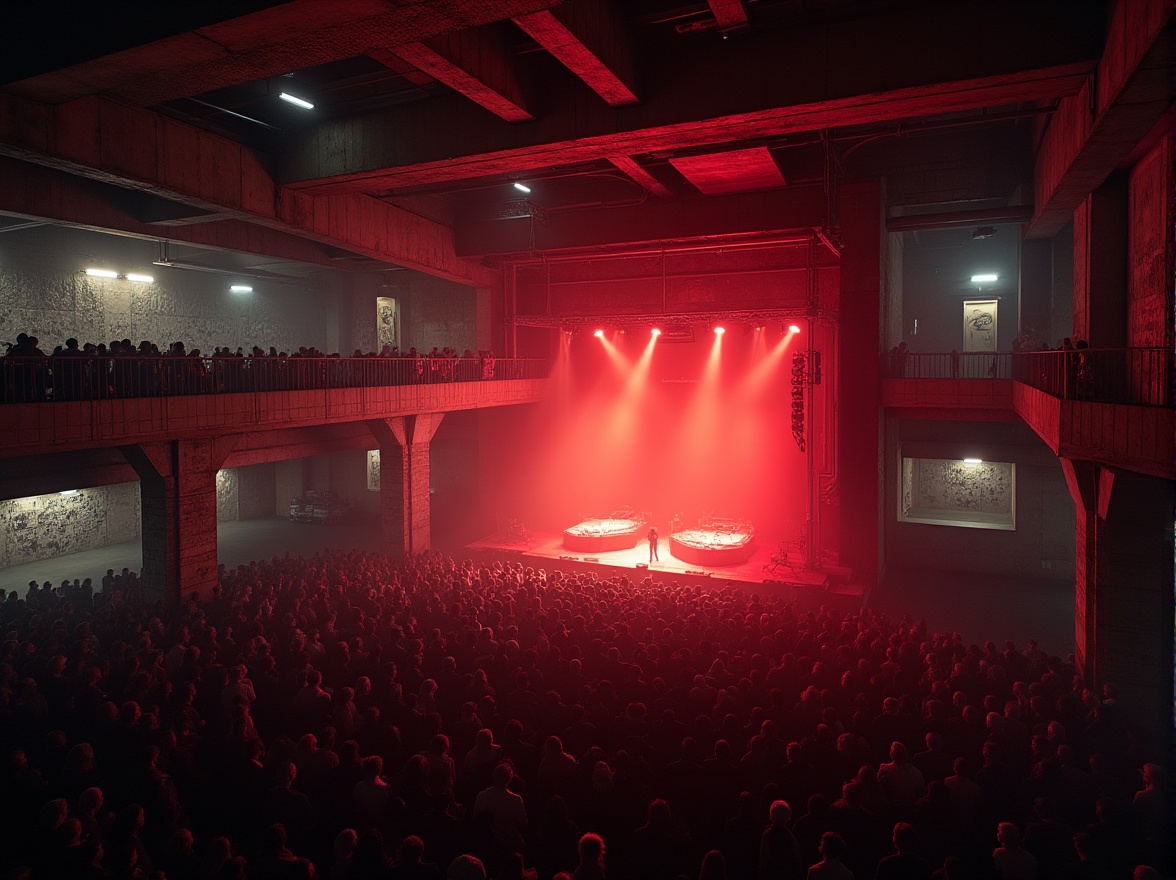 Prompt: Brutalist music venue, industrial atmosphere, concrete walls, steel beams, exposed ductwork, dim red lighting, spotlights on stage, crowded audience, raised platforms, staircase leading to upper levels, graffiti-covered walls, urban cityscape outside, nighttime, fog machines, laser lights, dynamic sound system, brutalist architectural style, rough textures, geometric shapes, functional simplicity, industrial chic decor, avant-garde performances, experimental music, underground artists.