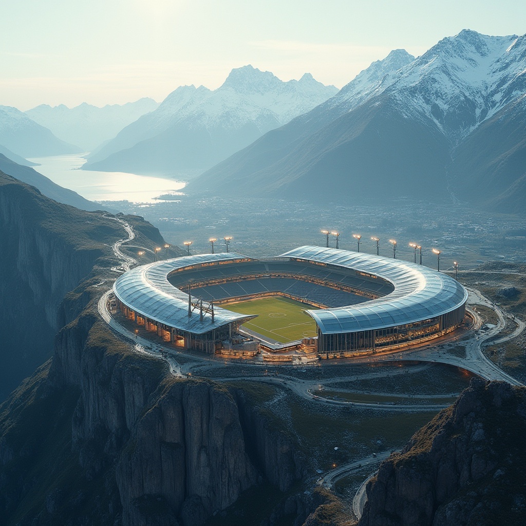 Prompt: Mountainous plateau, stadium architecture, unique challenging terrain, steep cliffs, winding roads, breathtaking panoramic view, majestic mountain ranges, snow-capped peaks, frozen lake in the distance, misty atmosphere, warm lighting, dramatic shadows, modern sleek design, angular lines, metallic materials, glass façade, cantilevered roofs, elevated platforms, grandstands, sports facilities, athletic tracks, football fields, goalposts, floodlights, spectator seats, VIP boxes, press conference rooms, athletes' lounges, dynamic composition, aerial view, 3/4 angle, wide-angle lens.