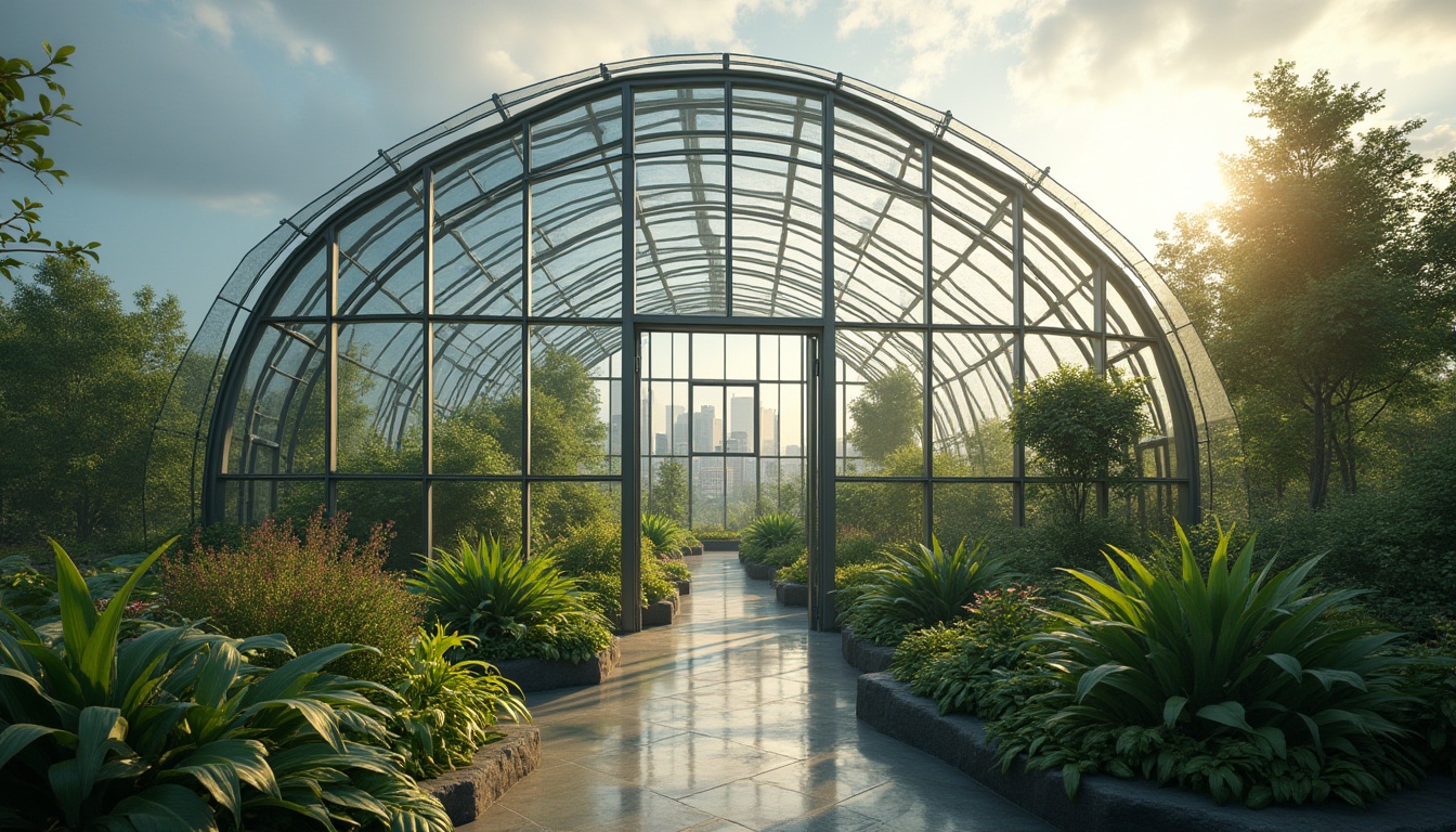 Prompt: Modern greenhouse, steel frame structure, transparent glass roof, curved lines, minimalist design, lush greenery interior, natural light pouring in, ventilation system, misting system, industrial chic, metallic texture, reflective surface, sleek lines, urban garden, cityscape background, cloudy sky, warm ambient lighting, 3/4 composition, shallow depth of field.