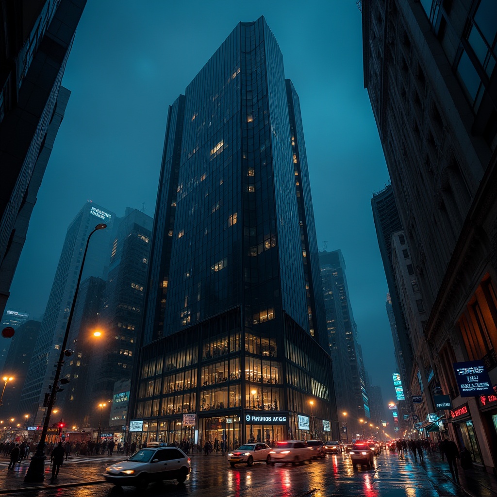 Prompt: Dark skyscraper, urban cityscape, modern architecture, black glass exterior, metallic frames, sleek lines, minimalist design, nighttime scene, neon lights reflection on windows, busy street, crowded sidewalk, taxis and buses passing by, rainy night, wet pavement, dramatic lighting, cinematic composition, 3/4 view angle, low-angle shot, moody atmosphere, mysterious ambiance, high-rise building, metropolitan feel.