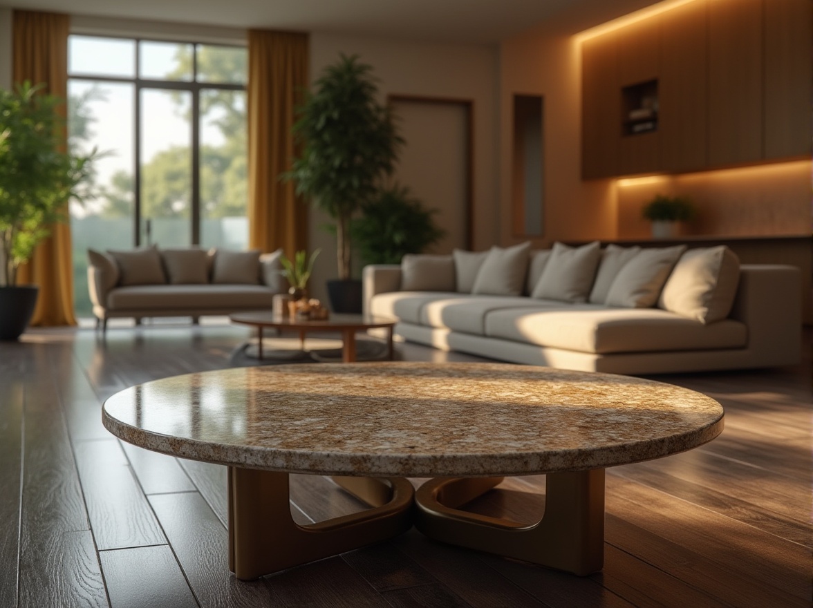 Prompt: Granite material, luxurious interior design, modern villa, spacious living room, sleek coffee table, polished granite surface, metallic legs, ambient lighting, 3/4 composition, soft focus, warm beige walls, dark wood floor, comfortable sofa, greenery plants, natural stone texture, glossy finish, depth of field, realistic rendering, cinematic mood.