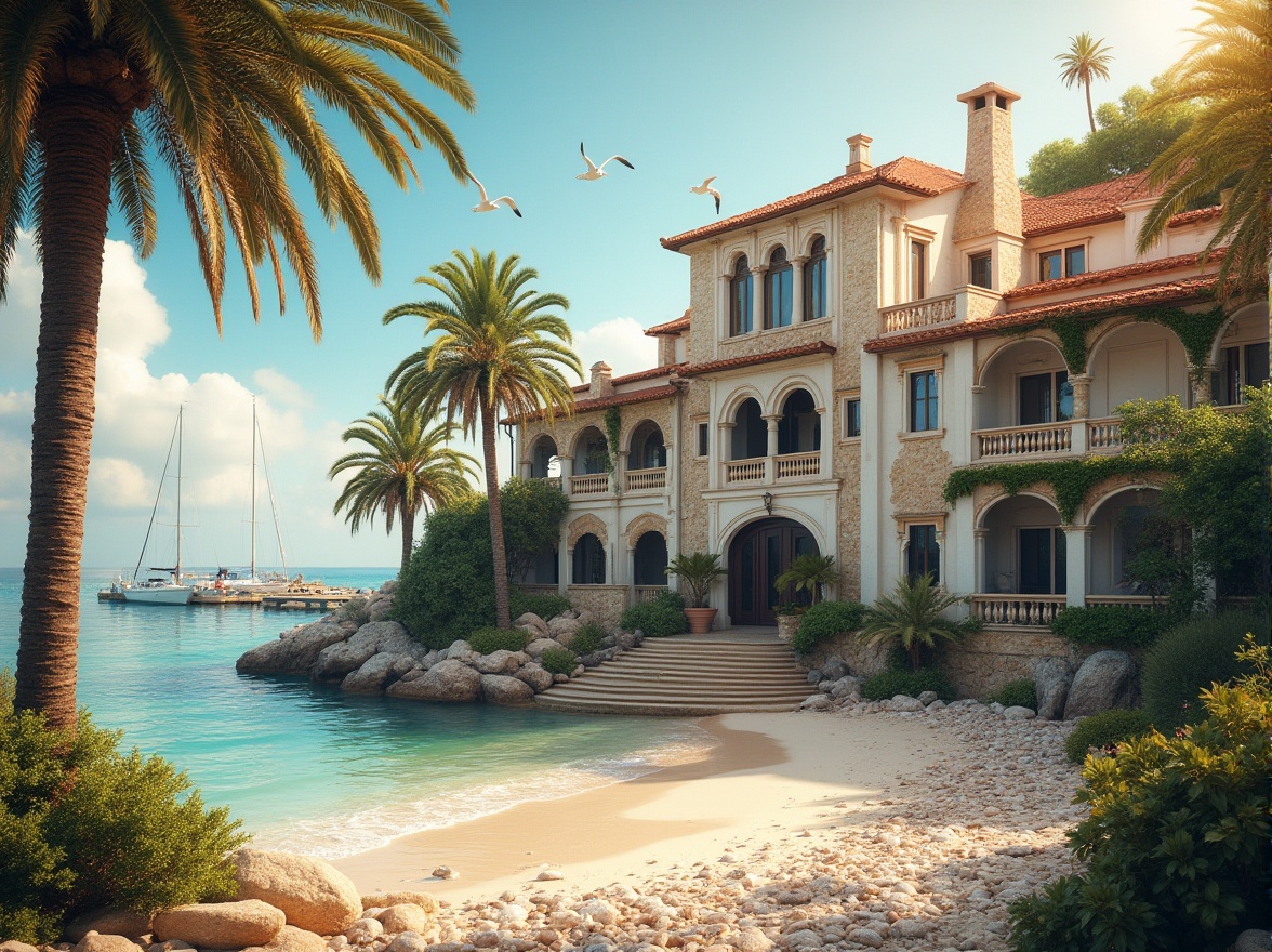 Prompt: Seaside villa, Romanesque style, inviting atmosphere, Mediterranean coastline, warm golden light, intricate stone carvings, ornate balconies, curved archways, white stucco walls, terracotta roofs, lush greenery, palm trees swaying gently, seashells scattered on sandy beach, clear turquoise water, sailboats docked at pier, seagulls flying overhead, warm breeze rustling hair, soft focus background, cinematic composition, late afternoon sunlight, HDR, shallow depth of field.