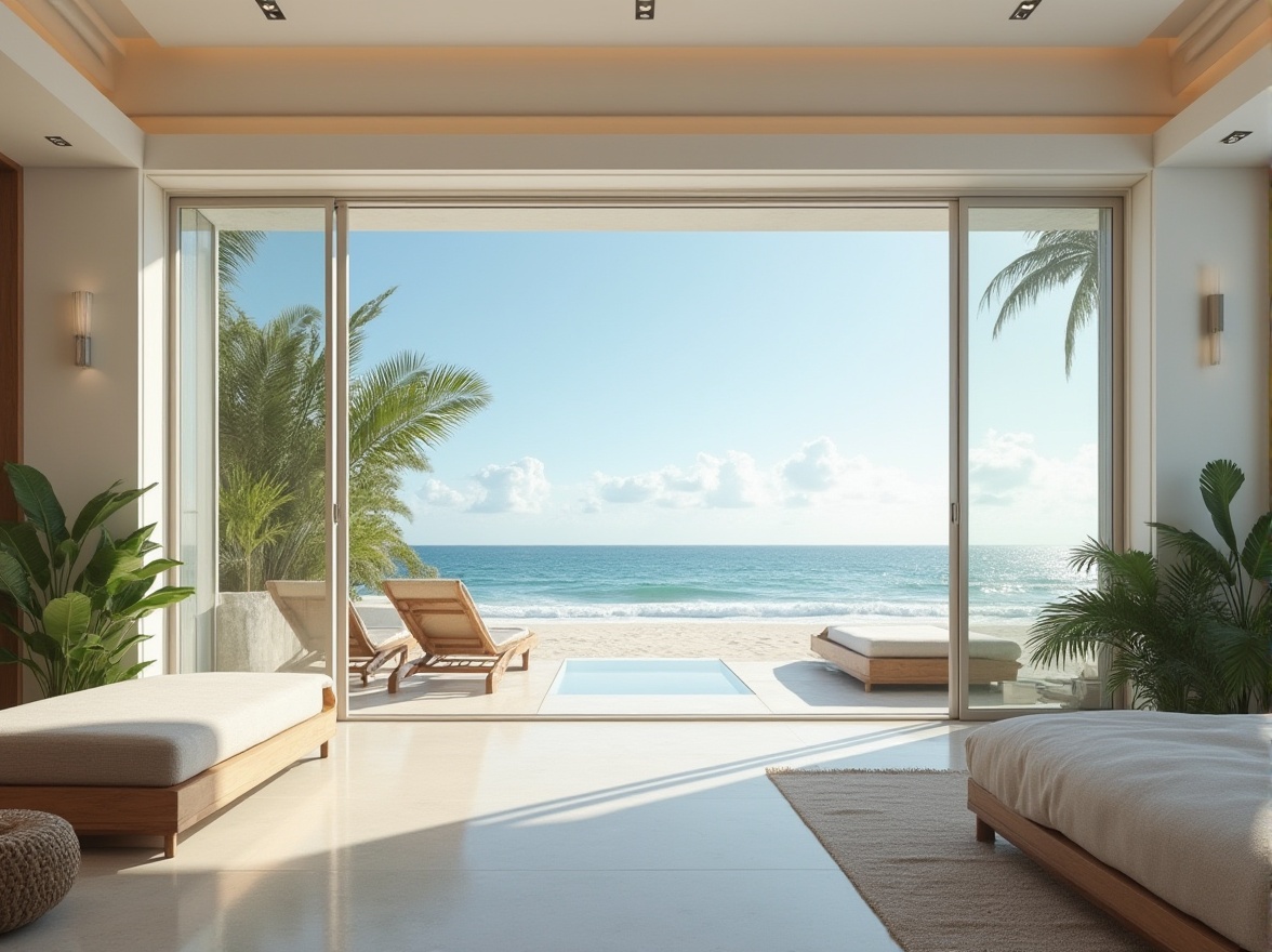 Prompt: Beach modernism, luxurious villa, large windows, sliding glass doors, minimalist interior design, bright natural light, soft warm lighting, white walls, polished concrete floors, low-profile furniture, coastal decor, ocean view, private beach access, palm trees, tropical plants, sunny day, clear blue sky, few puffy white clouds, gentle sea breeze, sound of waves crashing, 3/4 composition, cinematic angle, shallow depth of field, warm color tone, high contrast, vibrant saturation.