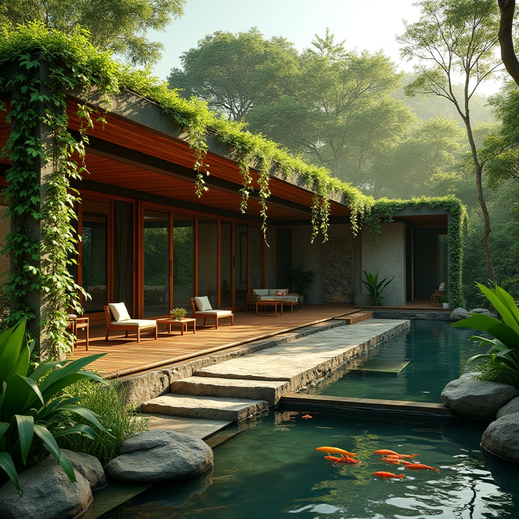 Prompt: Green roofed modern villa, surrounded by lush tropical forest, vines crawling up walls, wooden decks blending into flower beds, floor-to-ceiling windows, sliding glass doors, natural stone exterior, water feature, small pond, koi fish swimming, bamboo accents, reclaimed wood furniture, potted plants, hanging ivy, sunny afternoon, warm soft light, 3/4 composition, depth of field, cinematic ambient.