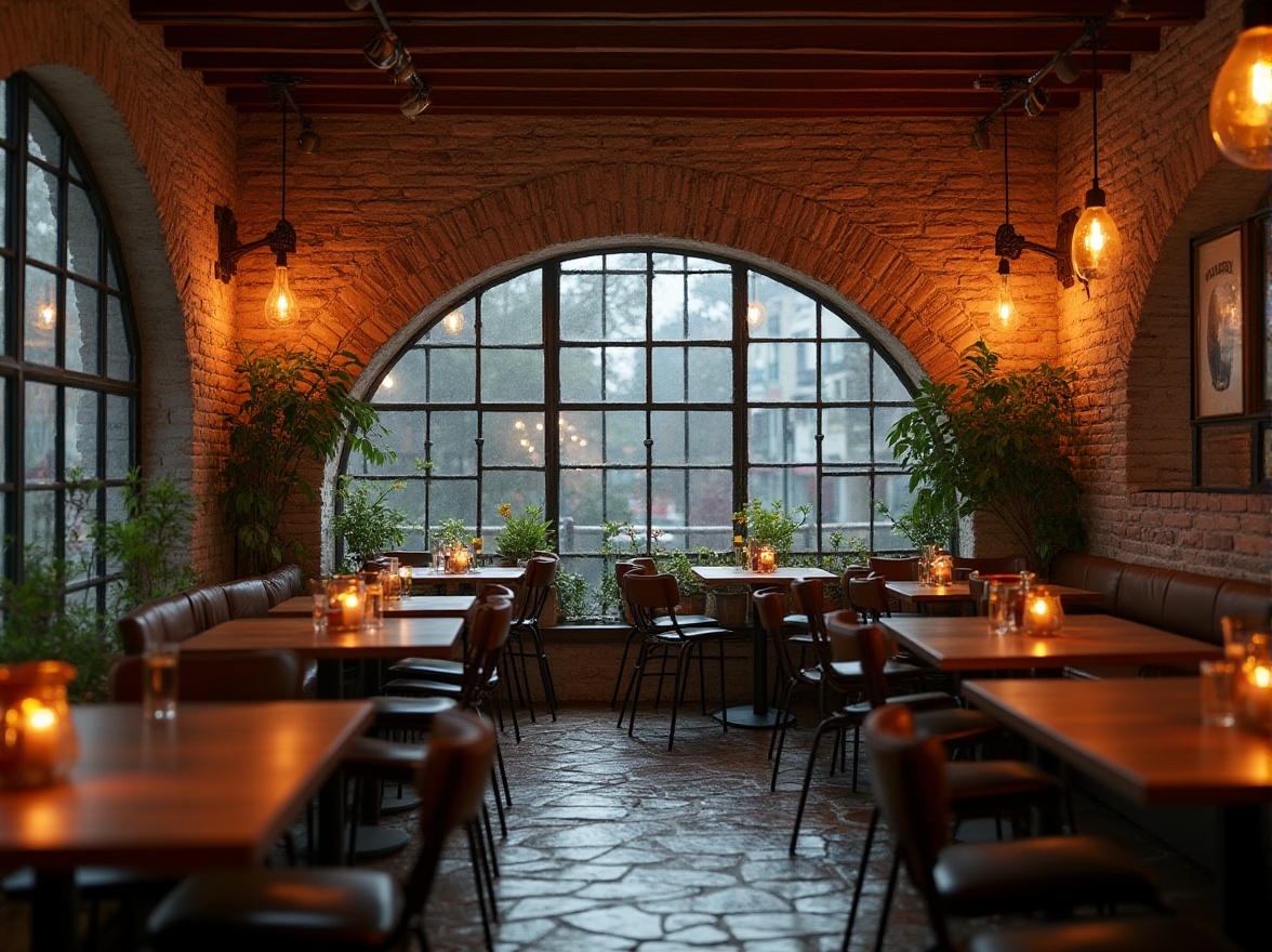 Prompt: Masonry material, rustic restaurant interior, exposed brick walls, earthy tone, wooden beams, dimmed warm lighting, cozy atmosphere, vintage decorations, natural textures, stone floors, wooden tables, comfortable seating, greenery, potted plants, industrial chic, modern twist, urban loft, cityscape view, rainy day, soft focus, shallow depth of field, warm color palette.