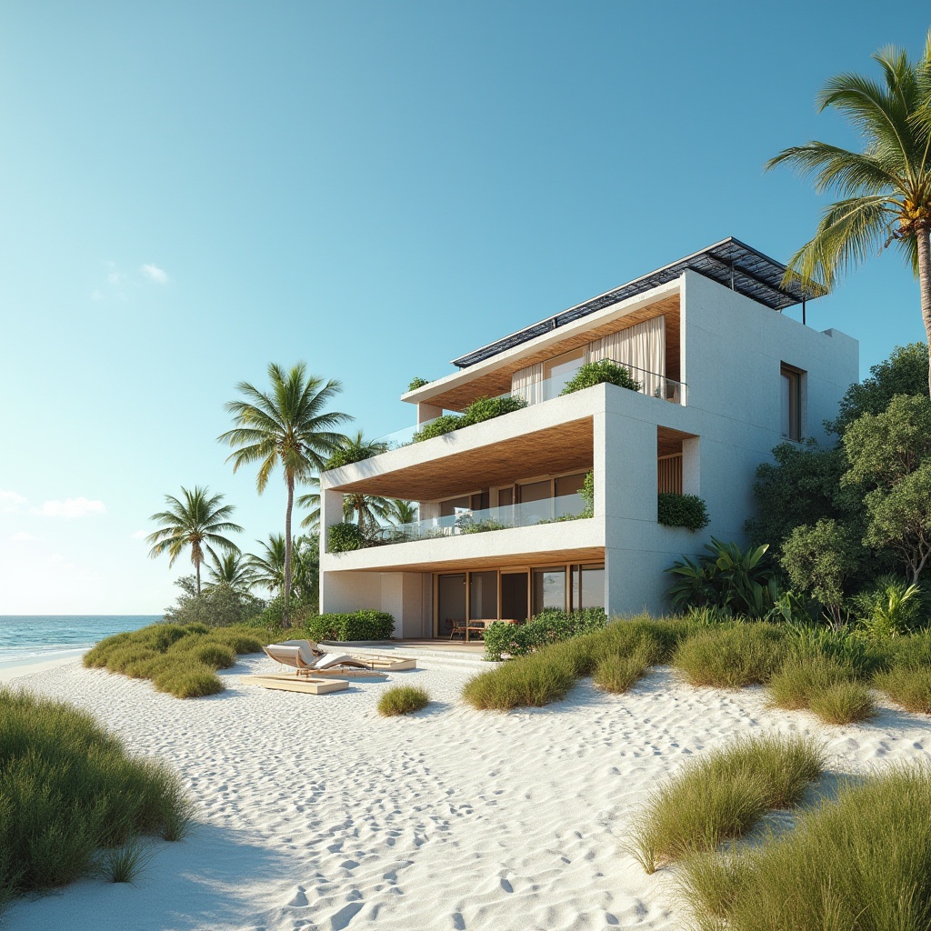 Prompt: Coastal architecture, modern sustainable building, eco-friendly design, solar panels, green roof, recycled materials, energy-efficient windows, minimalist facade, beachside location, tropical plants, palm trees, sandy dunes, clear blue sky, sunny day, low-angle shot, 3/4 composition, natural light, ambient occlusion, vibrant colors.