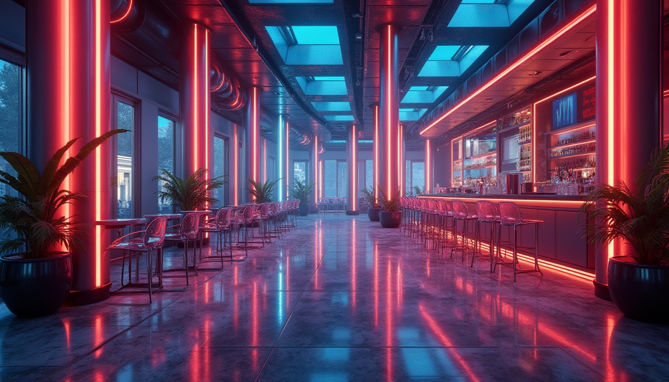 Prompt: Futuristic bar interior, constructivist architecture, metallic columns, transparent plastic chairs, neon lights reflected on glossy floor, abstract geometric patterns, minimalist decorations, sleek lines, 3/4 composition, low-angle shot, shallow depth of field, vibrant colors, ambient light, HDR, futuristic ambiance, urban atmosphere, night scene.