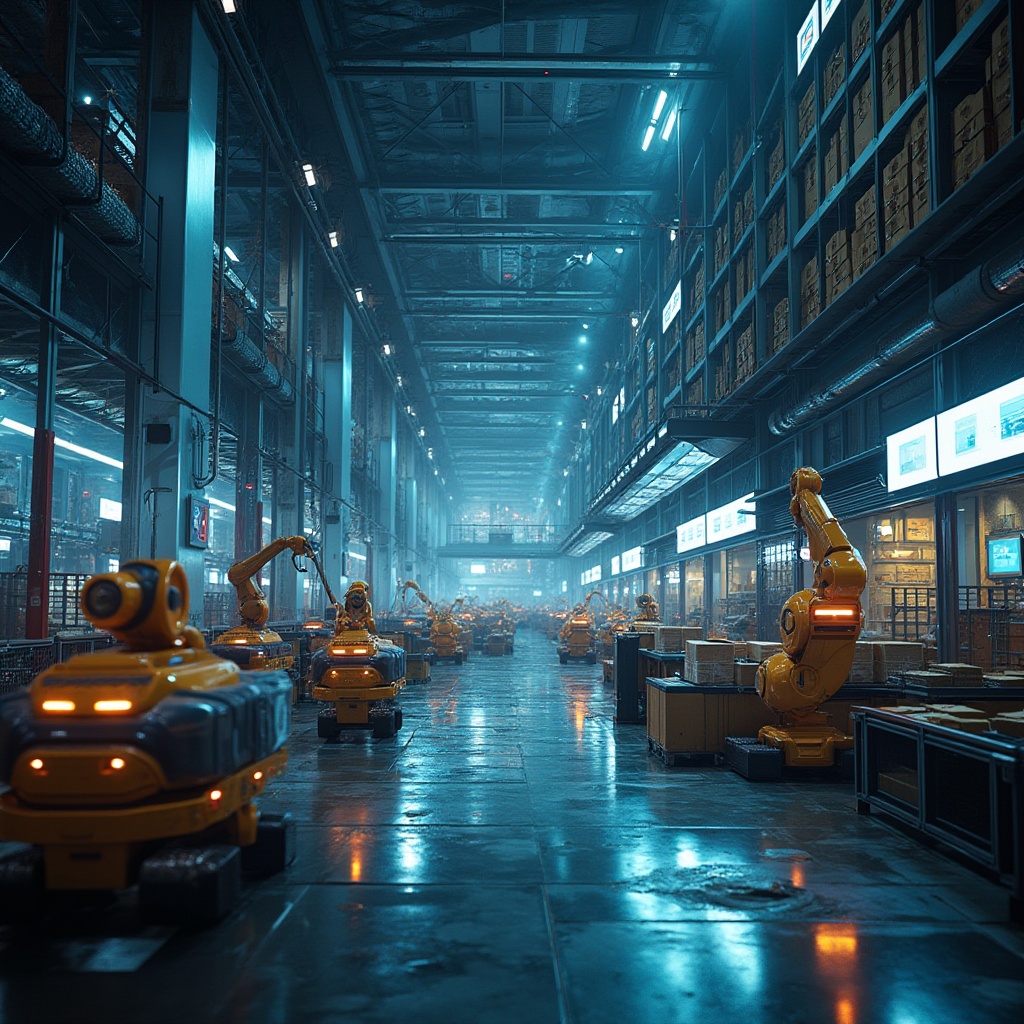 Prompt: High-tech distribution center, futuristic atmosphere, neon lights, LED screens, robots sorting packages, conveyor belts, automated storage systems, metallic shelves, steel beams, industrial-style concrete floor, modernistic architecture, glass ceiling, cityscape background, urban night view, skyscrapers, 3/4 composition, cinematic lighting, deep depth of field, realistic reflections.