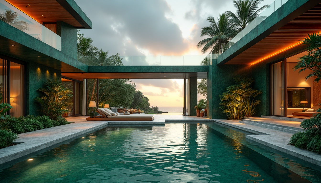 Prompt: Modern building, luxurious villa, incorporating Malachite color, emerald green walls, copper accents, sleek lines, minimalist decor, floor-to-ceiling windows, panoramic view, natural light pouring in, lush greenery, tropical plants, water features, infinity pool, outdoor lounge area, warm evening lighting, soft shadows, 3/4 composition, cinematic angle, depth of field, high-end materials, marble floors, wooden ceilings, ambient atmosphere.