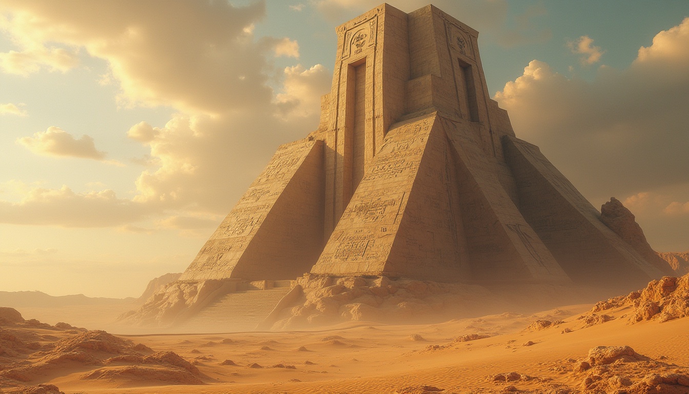 Prompt: Desert monument, futuristic architecture, massive stone structure, intricate carvings, ancient alien technology, abandoned ruins, mysterious hieroglyphics, sandy dunes, vast open landscape, dramatic cloudy sky, low-angle shot, warm golden lighting, cinematic composition, 3/4 view, atmospheric fog effect.