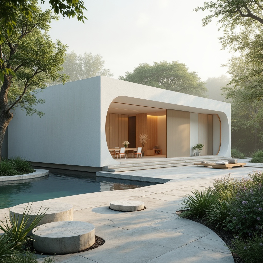 Prompt: Modern pavilion, white plaster material, smooth texture, natural lighting, minimalist design, simple lines, geometric shape, brutalist architecture, greenery surroundings, trees, bushes, flowers, water features, reflective pool, stepping stones, wooden benches, natural stone pavement, warm ambient light, soft shadows, 3/4 composition, low-angle shot.