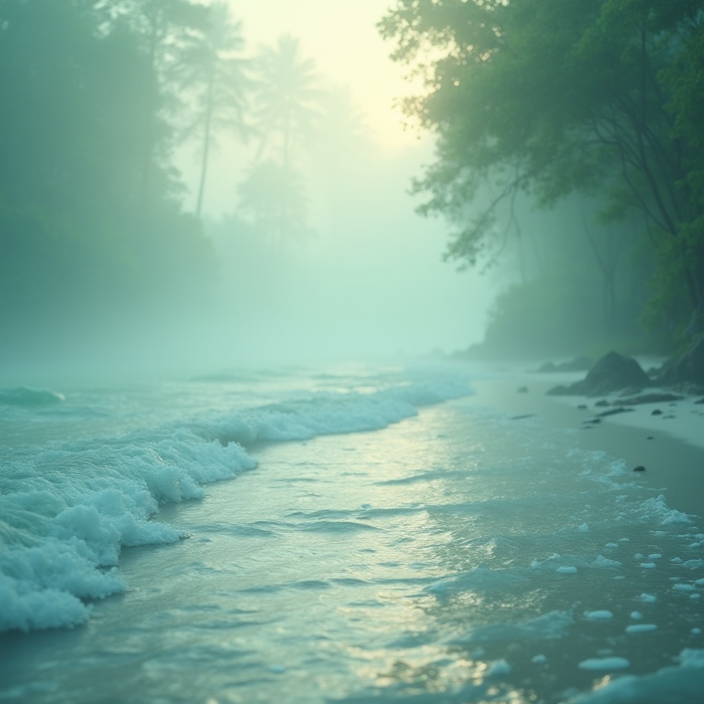 Prompt: Teal color palette, pastel aesthetic, calming atmosphere, soft gradient, gentle waves, serene oceanic environment, peaceful beach scene, warm sunlight filtering through trees, lush greenery, misty morning, dreamy quality, ethereal ambiance, subtle shimmer effect, iridescent sheen, delicate petal-like textures, soothing composition, 3/4 view, natural lighting, atmospheric perspective.