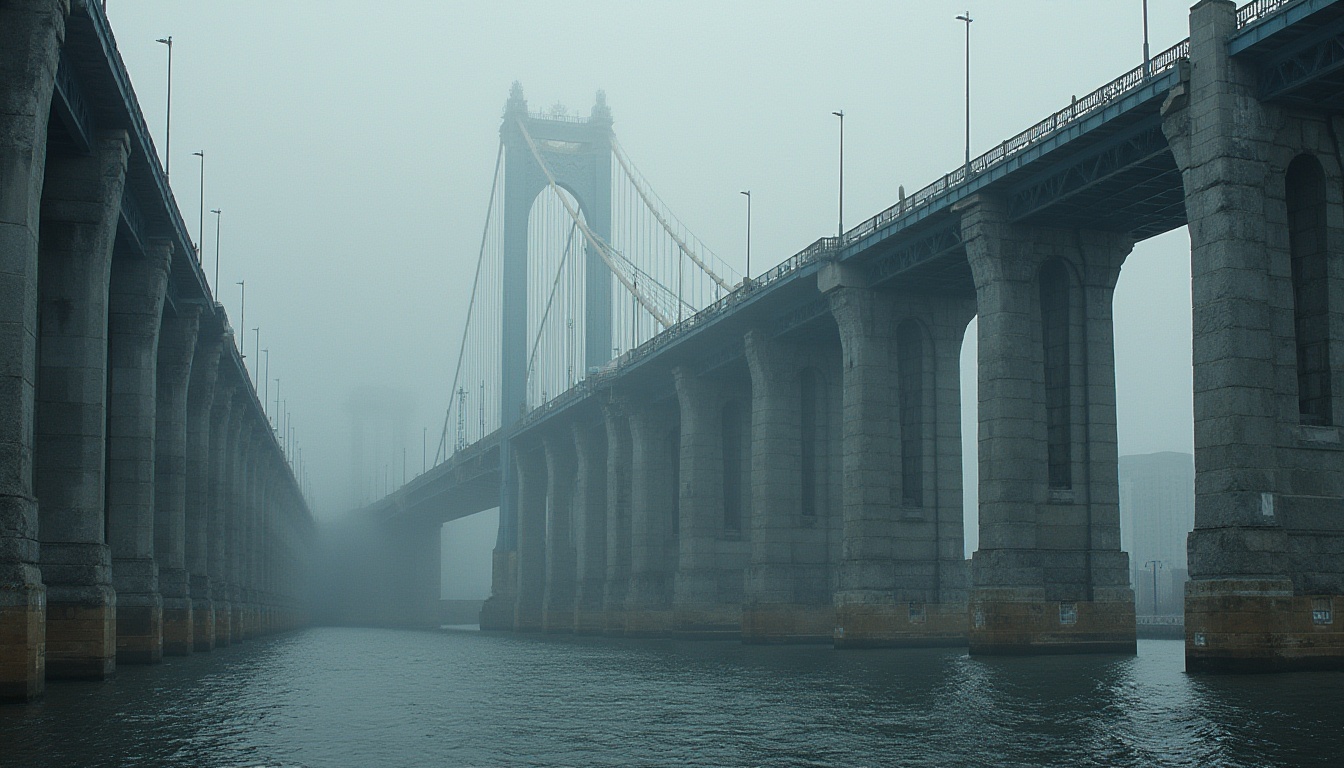 Prompt: granite, bridge, infrastructure, massive pillars, sturdy arches, rough texture, natural pattern, monumental structure, misty atmosphere, morning fog, river crossing, urban landscape, cityscape, modern architecture, metallic railings, concrete foundation, intricate stonework, dramatic lighting, low-angle shot, heroic composition.