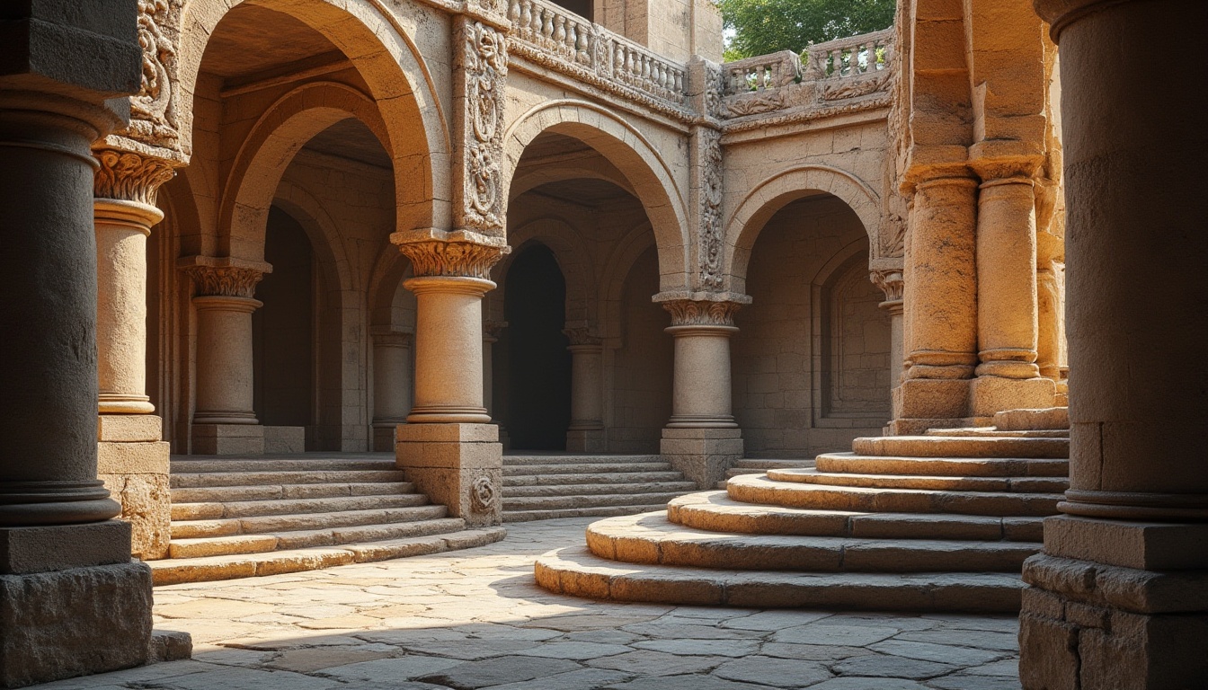 Prompt: Ancient Roman-inspired building, granite material, rough-hewn stone walls, ornate carvings, grand arches, columns, sculptures, intricate details, weathered texture, earthy tone, natural light, warm ambient glow, dramatic shadows, 3/4 composition, low-angle shot, cinematic mood, depth of field, realistic rendering.