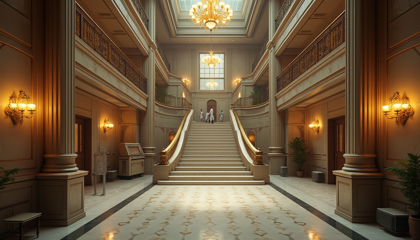 Prompt: Riverbank hospital, Art Deco style, luxurious interior, geometric patterns, metallic materials, ornate details, symmetrical compositions, grand staircase, elegant chandeliers, marble floors, lavish furnishings, vintage medical equipment, doctors and nurses in 1920s attire, soft warm lighting, cinematic composition, shallow depth of field, subtle reflections on polished surfaces.