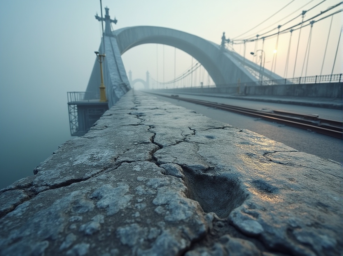 Prompt: Granite, bridge, construction, strong, durable, grey, coarse texture, rugged surface, arch shape, suspension cables, steel beams, modern architecture, urban landscape, cityscape, misty morning, soft sunlight, low-angle shot, detailed close-up, 3/4 composition, realistic rendering.