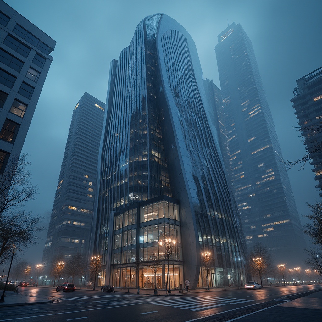 Prompt: Modern architectural building, futuristic skyscraper, urban cityscape, sleek lines, curved edges, fiber-cement material façade, reflective glass windows, steel frames, intricate structural details, city lights reflecting off the surface, night scene, atmospheric mist, soft box lighting, cinematic composition, 3/4 view, low-angle shot.