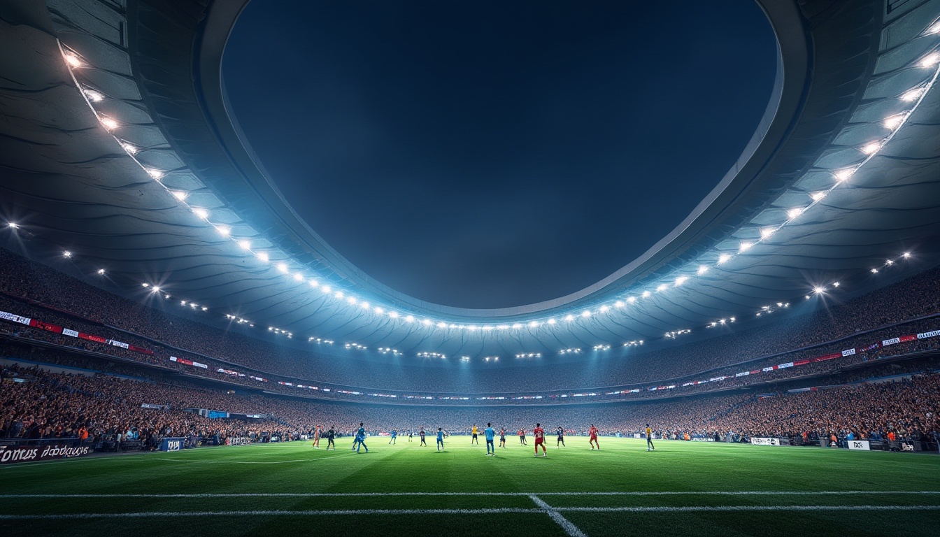 Prompt: Modern stadium, fiber-cement material, complex architecture, angular structure, sleek lines, urban landscape, cityscape, nighttime, vibrant LED lights, dynamic atmosphere, crowded audience, cheering fans, sports event, athletic tracks, grass field, goalposts, football players, referee, coach, athletic uniforms, sneakers, sporty hairstyle, enthusiastic facial expression, energetic body language.