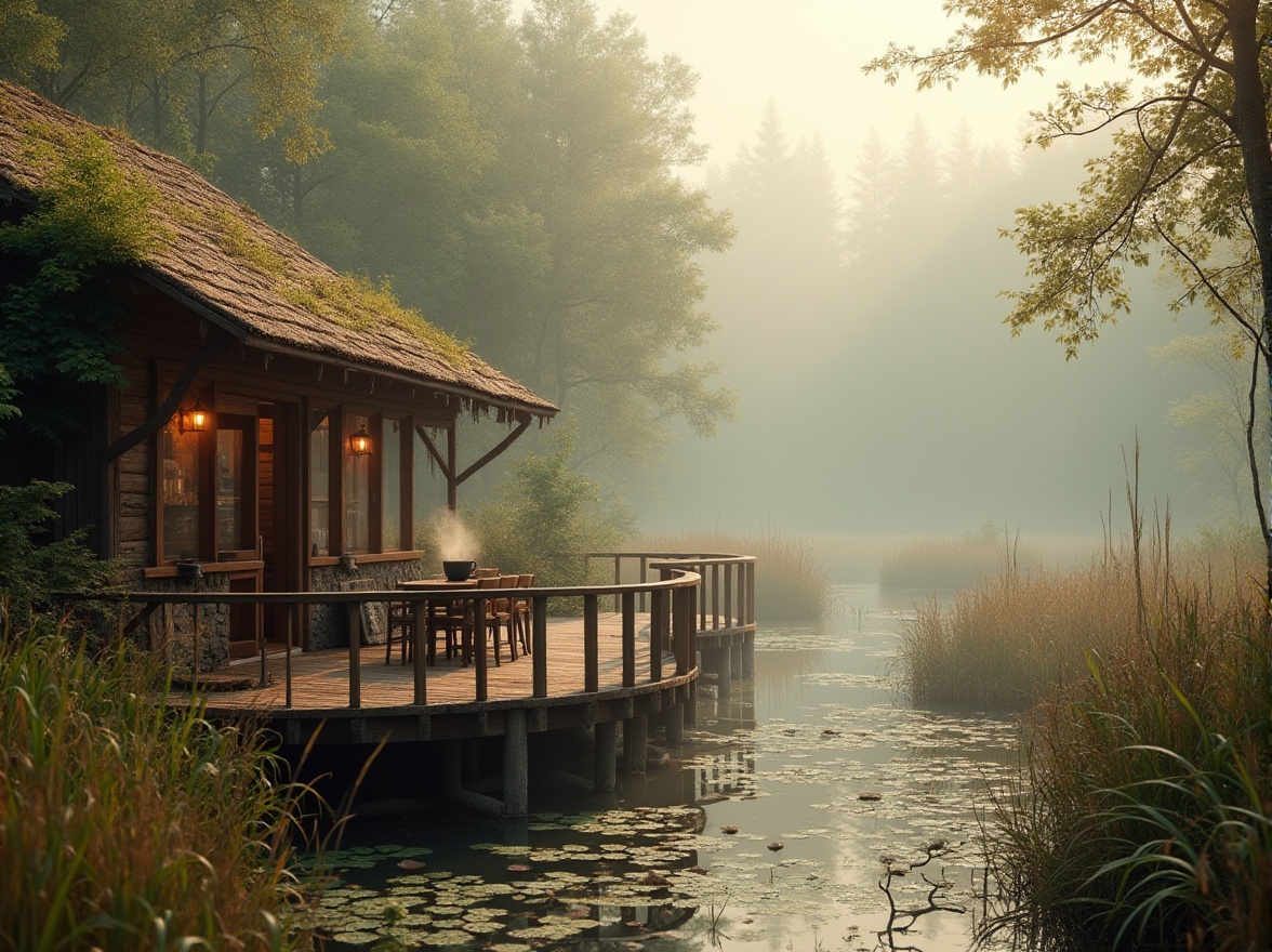 Prompt: Wetland scene, incorporating coffee color palette, warm beige tones, earthy brown hues, rich greenery, misty morning atmosphere, soft fog rolling over the water, lily pads, cattails, and rushes swaying gently, a meandering wooden boardwalk, weathered to perfection, leading to a secluded coffee shop, rustic exterior, earth-toned roof, surrounded by lush vegetation, vines crawling up the walls, steaming hot cup on the railing, overlooking the serene wetland landscape, warm lighting, cozy ambiance, 3/4 composition, panoramic view.