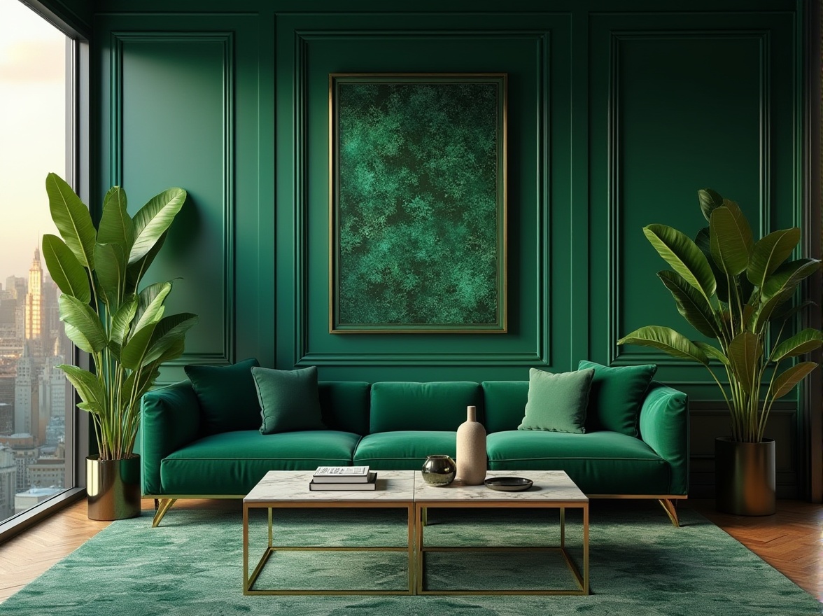 Prompt: Malachite green interior design, luxurious modern living room, emerald green walls, velvet sofa, golden metal frames, marble coffee table, exotic plant decorations, floor-to-ceiling windows, cityscape view, evening atmosphere, warm ambient lighting, 3/4 composition, shallow depth of field, cinematic mood, HDR.