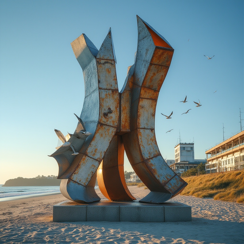 Prompt: Galvanized steel, abstract expressionist sculpture, university campus, beachside setting, modern architecture, concrete foundation, rusted metal texture, weathered finish, ocean-inspired curves, dynamic shapes, bold color accents, sandy dunes, seagulls flying overhead, clear blue sky, warm sunlight casting long shadows, dramatic lighting, low-angle composition, atmospheric mist, artistic details, industrial materials, coastal scenery.