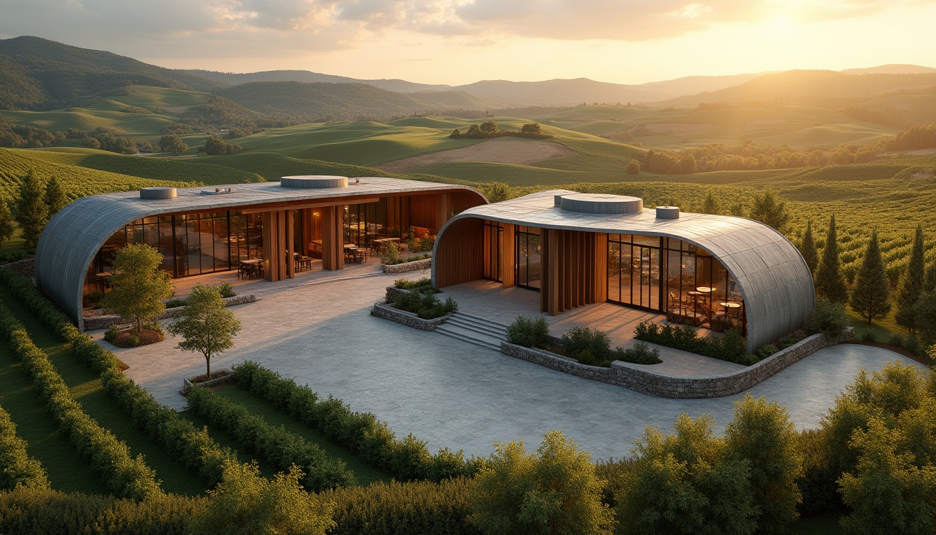 Prompt: Wineries, international style, modern architecture, luxurious buildings, grand entrance, large glass windows, curved rooflines, minimal decoration, steel frames, wooden accents, stone walls, vineyards surroundings, rolling hills, sun-kissed fields, Tuscany landscape, warm afternoon light, soft shadows, aerial view, 3/4 composition, high-angle shot, cinematic lighting.