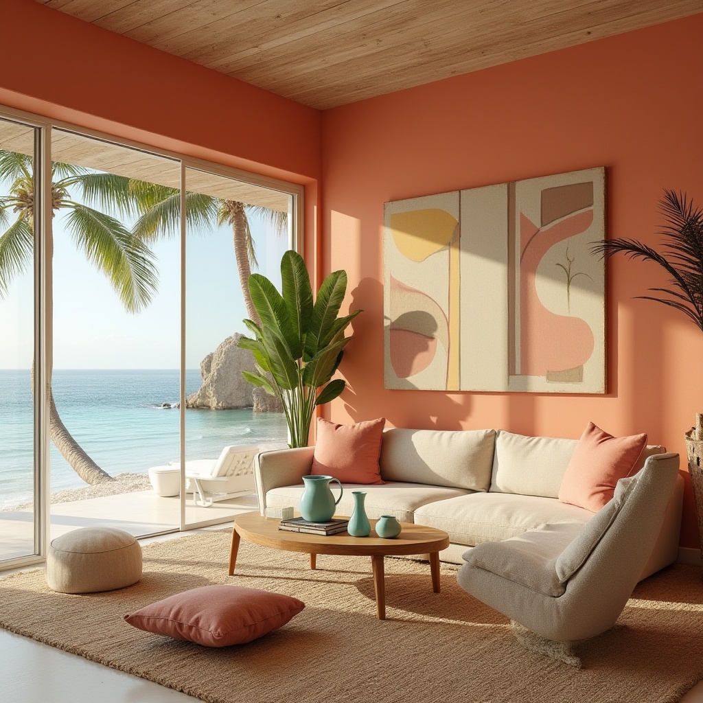 Prompt: Beach modernism, tangerine accent wall, calming ocean view, creamy white sand, driftwood furniture, woven sea grass rug, natural fiber textiles, linen upholstery, coral pink throw pillows, turquoise glass vases, weathered wood accents, soft peach lighting, warm beige tones, minimal ornamentation, organic shapes, open floor plan, sliding glass doors, lush greenery, palm trees swaying in the breeze, serene atmosphere, coastal vibes.