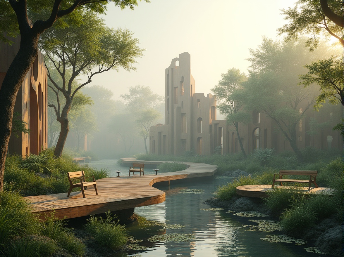 Prompt: Wetland design, constructivist architecture, abstract shapes, organic forms, natural materials, wooden bridges, winding waterways, lush greenery, vibrant aquatic plants, subtle mist, soft sunlight filtering through fog, serene atmosphere, 3/4 composition, low-angle shot, cinematic lighting, shallow depth of field, warm color palette, earthy tones, detailed textures, abstract sculptures, artistic benches, educational signs, interactive exhibits, immersive experience, panoramic view.