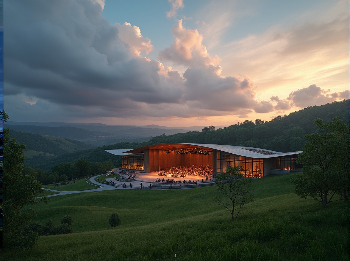 Prompt: Rural landscape, rolling hills, green pastures, scattered trees, modern performing arts center, sleek architecture, glass facade, wooden accents, outdoor amphitheater, stage lights, evening performance, dramatic sky, clouds with hues of orange and pink, warm soft lighting, 3/4 composition, wide-angle lens, panoramic view, blurred background, vibrant colors, dynamic shapes.