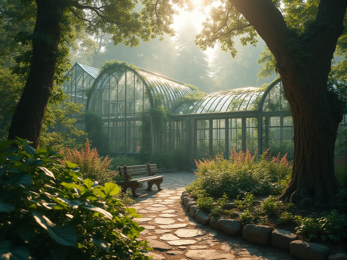 Prompt: Integrating greenhouses, modern architecture, transparent glass walls, lush vines, exotic flowers, misty atmosphere, forest landscapes, tall trees, dense foliage, natural lighting, warm sunlight filtering through leaves, winding stone paths, rustic wooden benches, serene ambiance, 3/4 composition, soft focus, bokeh effect, cinematic mood.