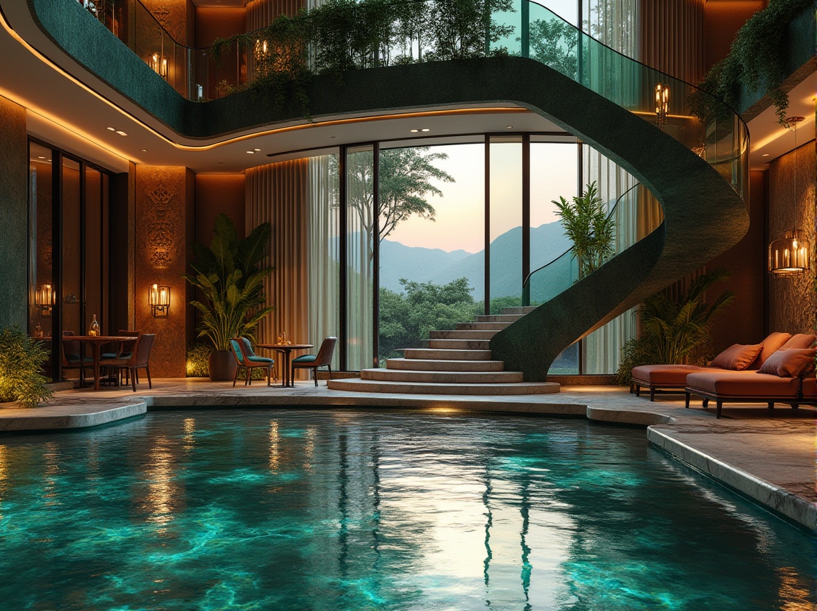 Prompt: Luxurious modern villa, incorporating Malachite color, copper accents, intricate stone carvings, grand entrance with sweeping staircases, floor-to-ceiling windows, lush greenery indoors, polished marble floors, velvet drapes, bistro chairs, warm ambient lighting, 3/4 composition, close-up on details, sunset view, serene mountain backdrop, soft focus on surrounding foliage.