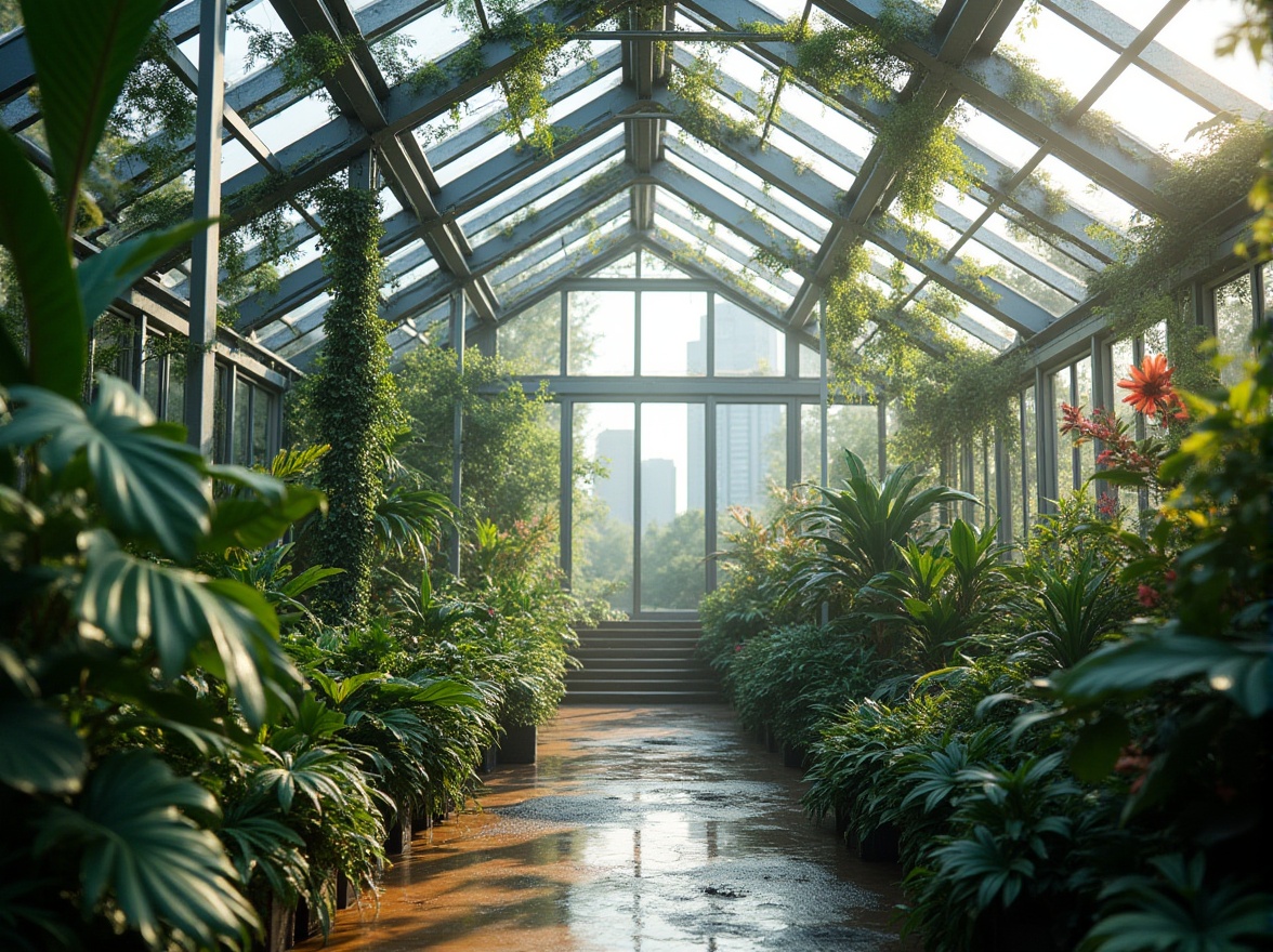 Prompt: Modern greenhouse, steel framework, sleek lines, silver-gray color, transparent glass panels, lush greenery inside, vines crawling up structure, tropical plants, exotic flowers, soft natural light, misty atmosphere, subtle shadows, industrial chic, urban oasis, city skyline background, morning dew, gentle breeze, serene ambiance, 3/4 composition, shallow depth of field, warm tone, cinematic lighting.