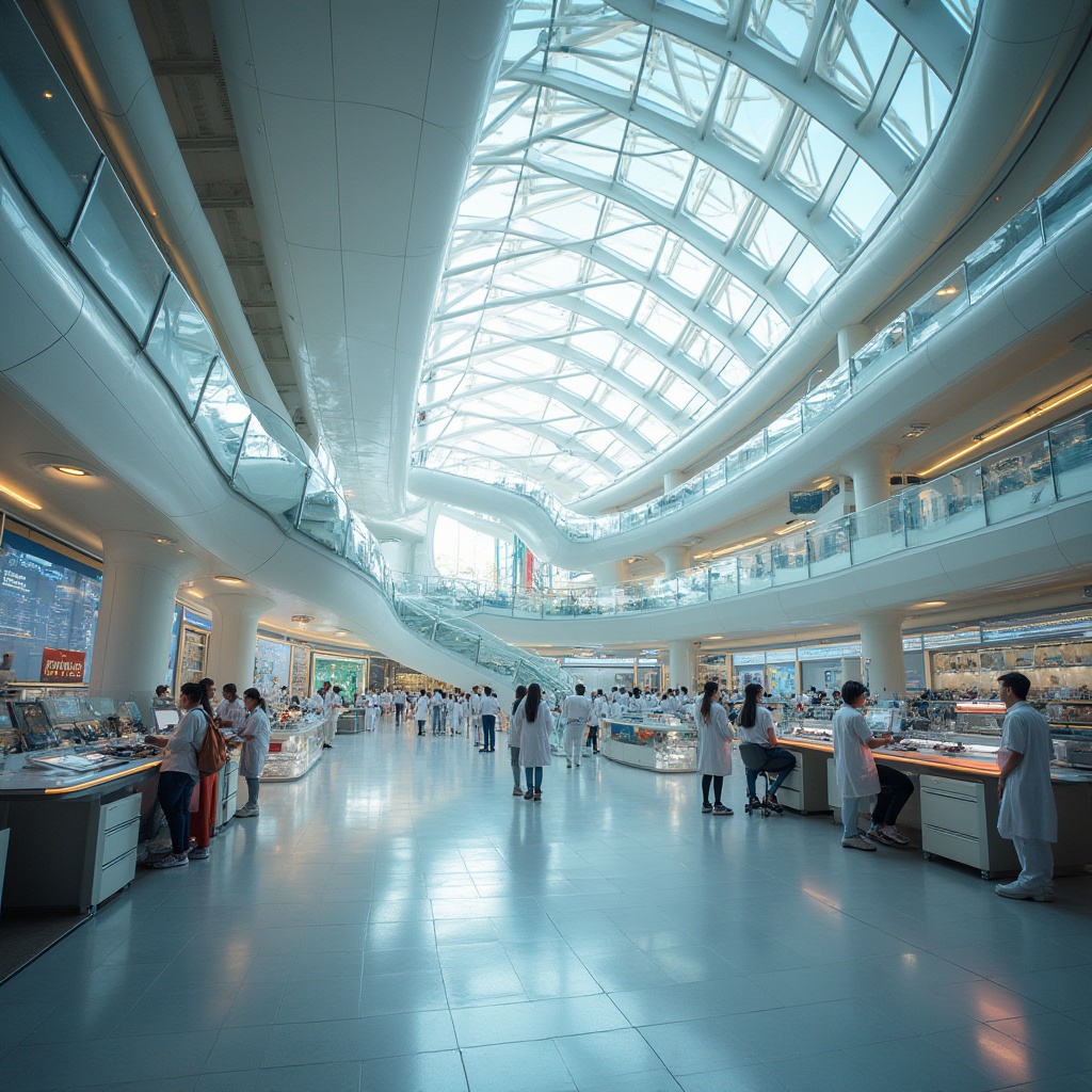 Prompt: Modern science center, futuristic architecture, curved lines, angular shapes, large glass windows, fibreglass exterior walls, metallic frames, sleek floors, minimal decorations, interactive exhibits, digital displays, educational robots, futuristic laboratories, scientists in lab coats, bustling atmosphere, natural light pouring in, panoramic view, 3/4 composition, soft lighting.